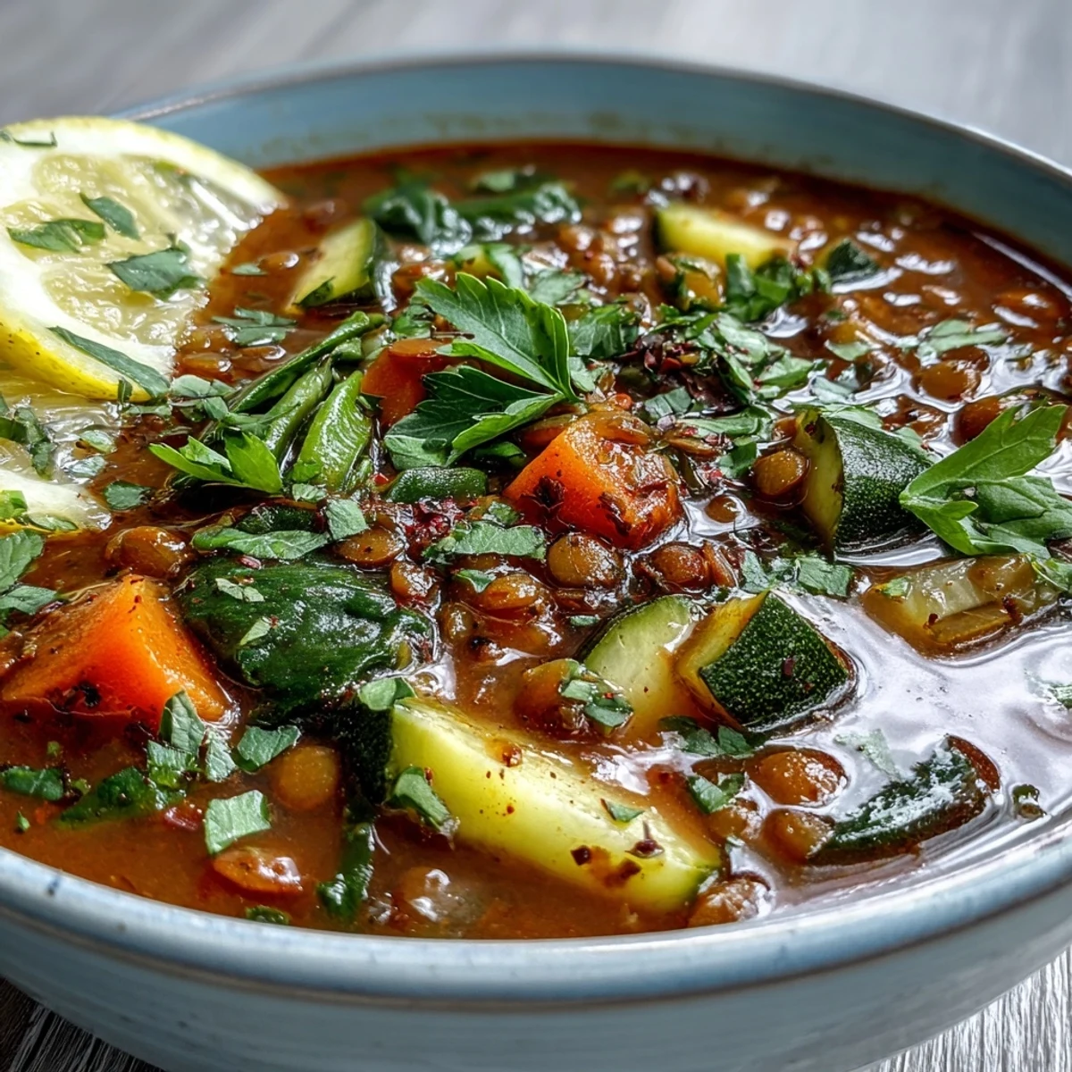 A steaming bowl of homemade Lentil Soup topped with fresh parsley and a lemon wedge for brightness.