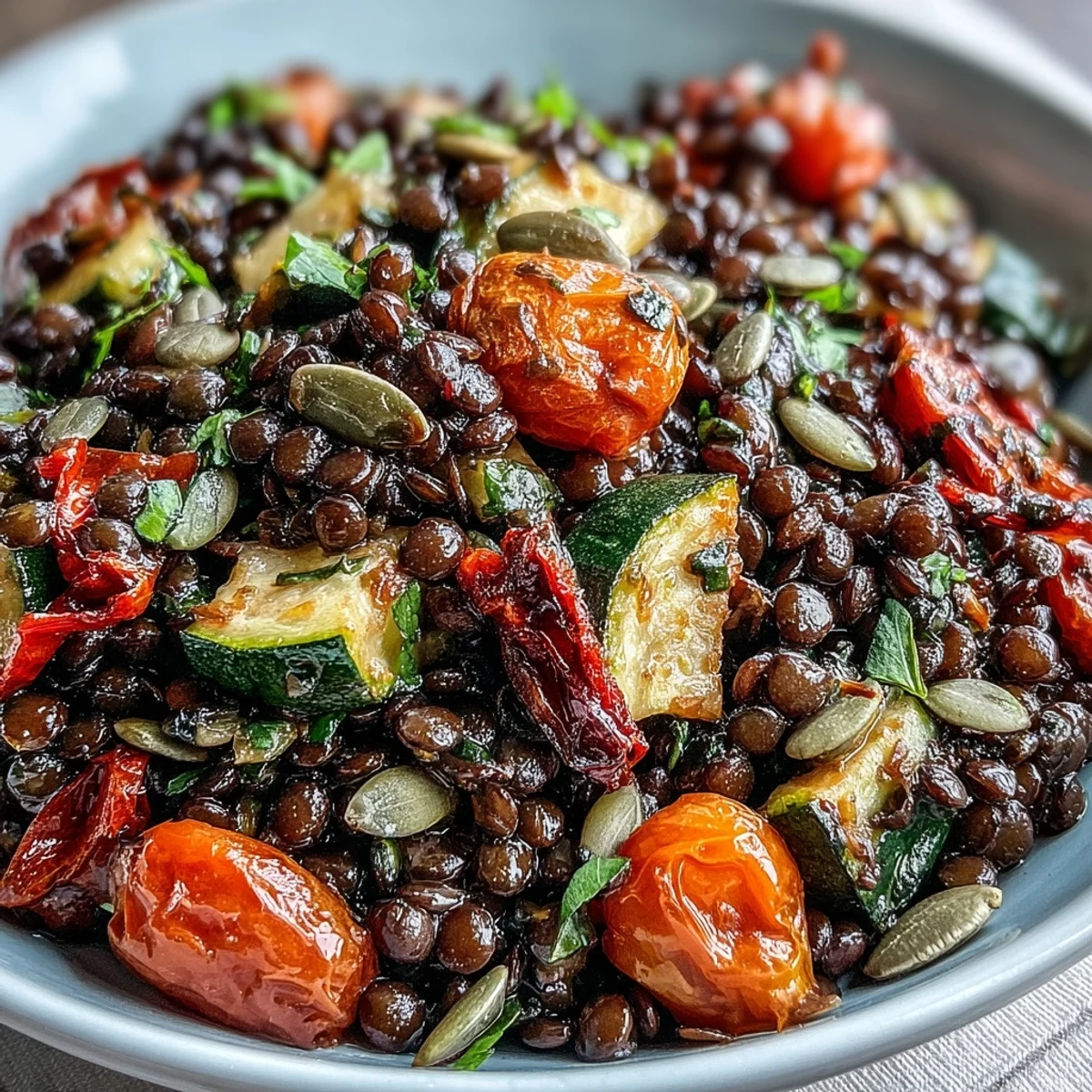 A close-up of the finished Black Lentil Salad, highlighting glossy roasted vegetables and crumbled feta on a dark ceramic plate.