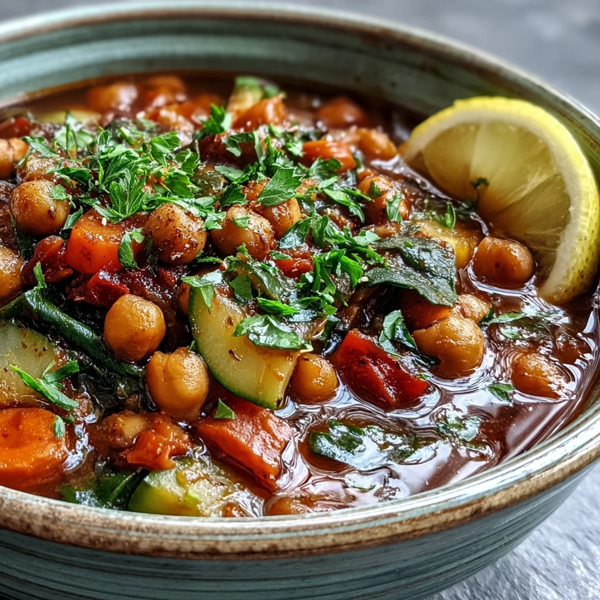 A close-up of vibrant Chickpea Stew in a white bowl, garnished with fresh parsley and a lemon wedge.