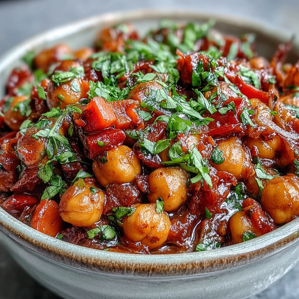 Spicy Chickpea Stew simmering with vibrant spices, tender chickpeas, and fresh cilantro in a rustic bowl.