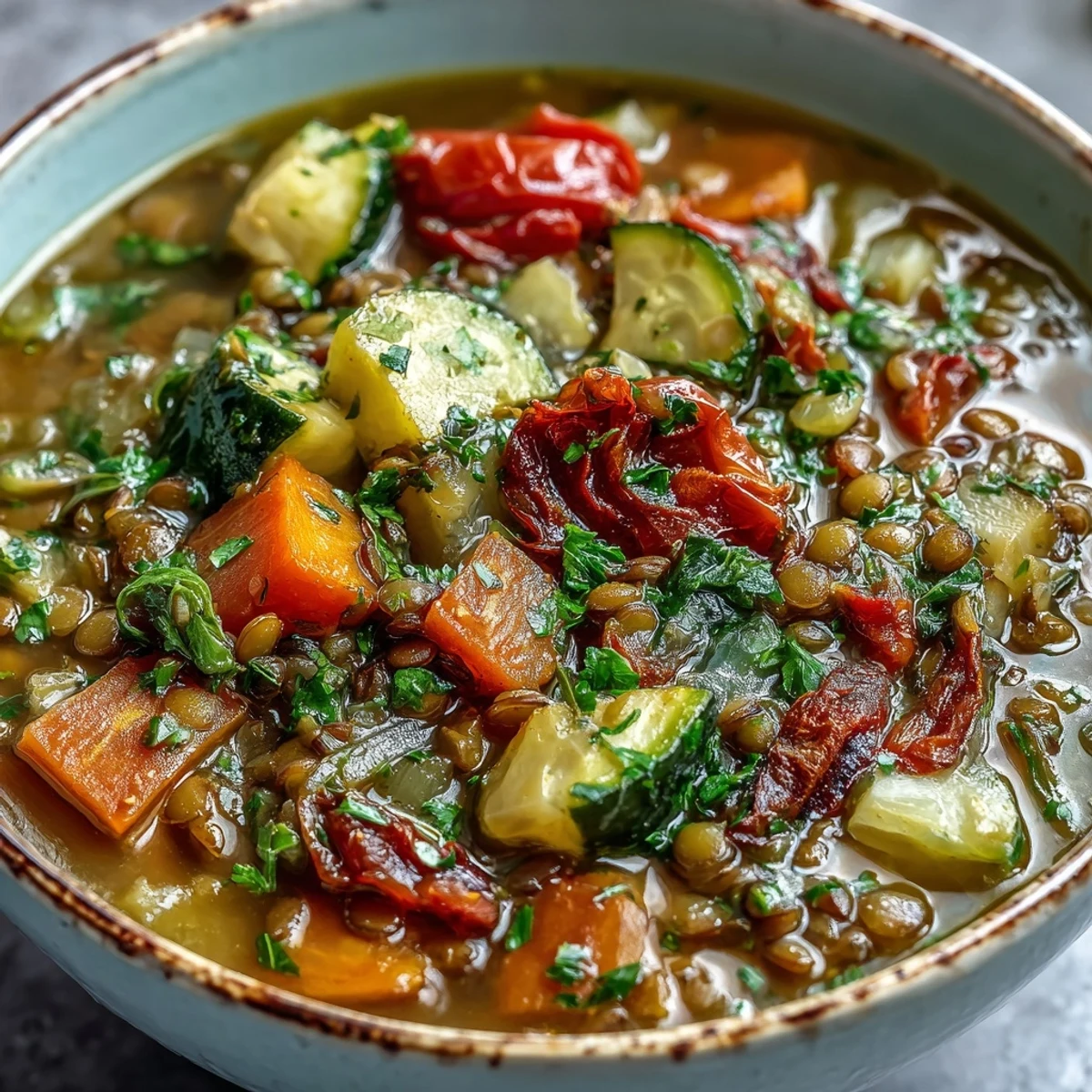 Steaming bowl of homemade Lentil and Vegetable Soup, featuring roasted carrots, zucchini, and red bell peppers served with crusty bread.