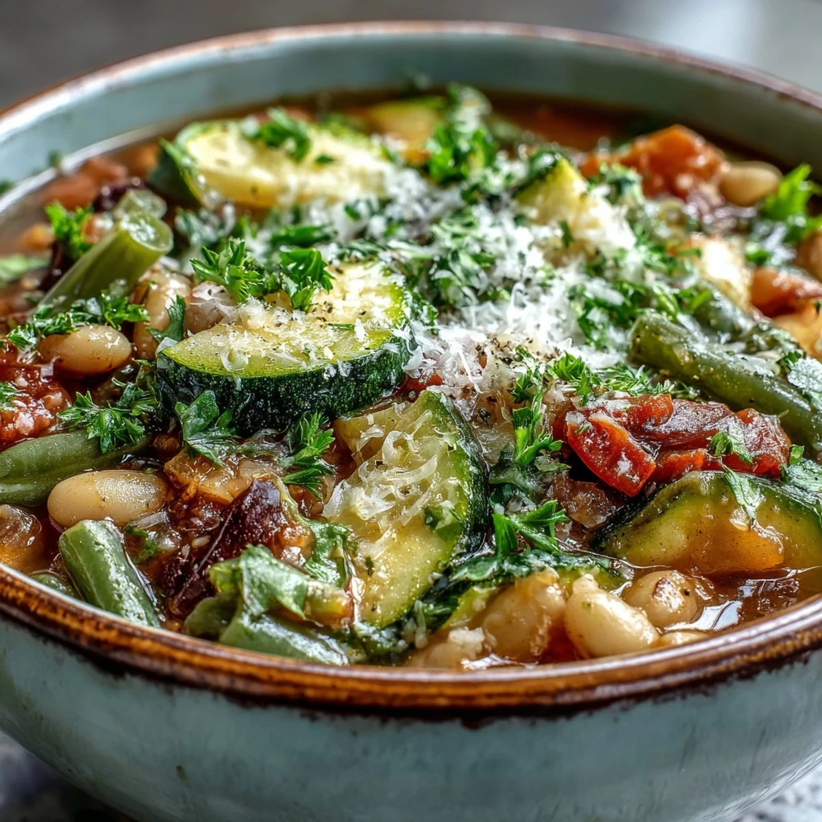 A close-up of homemade Minestrone Vegetable Soup featuring tender pasta, beans, and fresh spinach in a rich tomato broth.