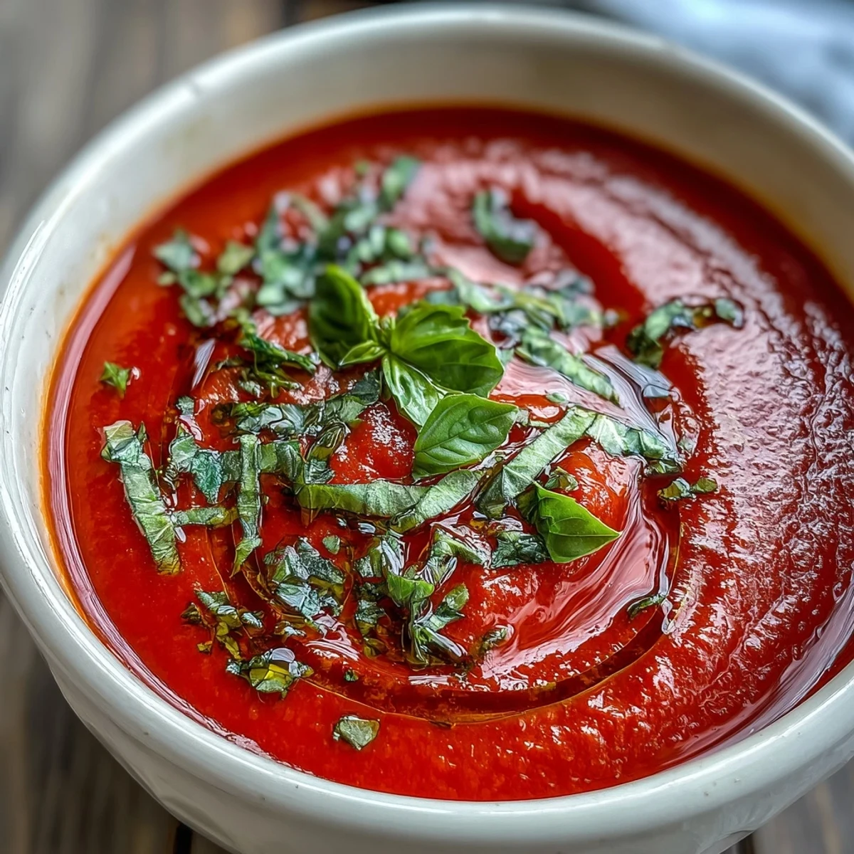 Vibrant red Tomato and Basil Soup in a rustic mug, topped with fresh basil leaves for a comforting appetizer.