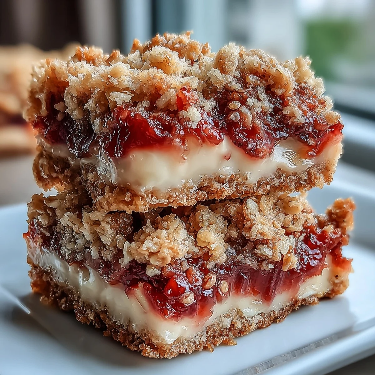 Close-up of Rhubarb and Custard Crumble Bars showcasing golden crumble topping and pink fruit filling.