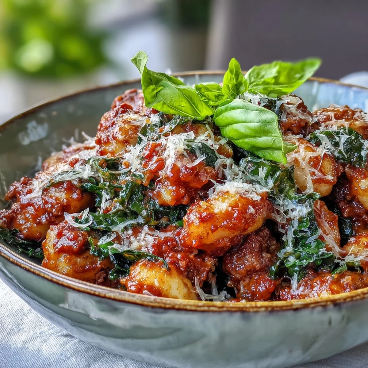 Comforting Sausage Gnocchi with Kale plated with extra cheese, ready to enjoy for a hearty 30-minute dinner.