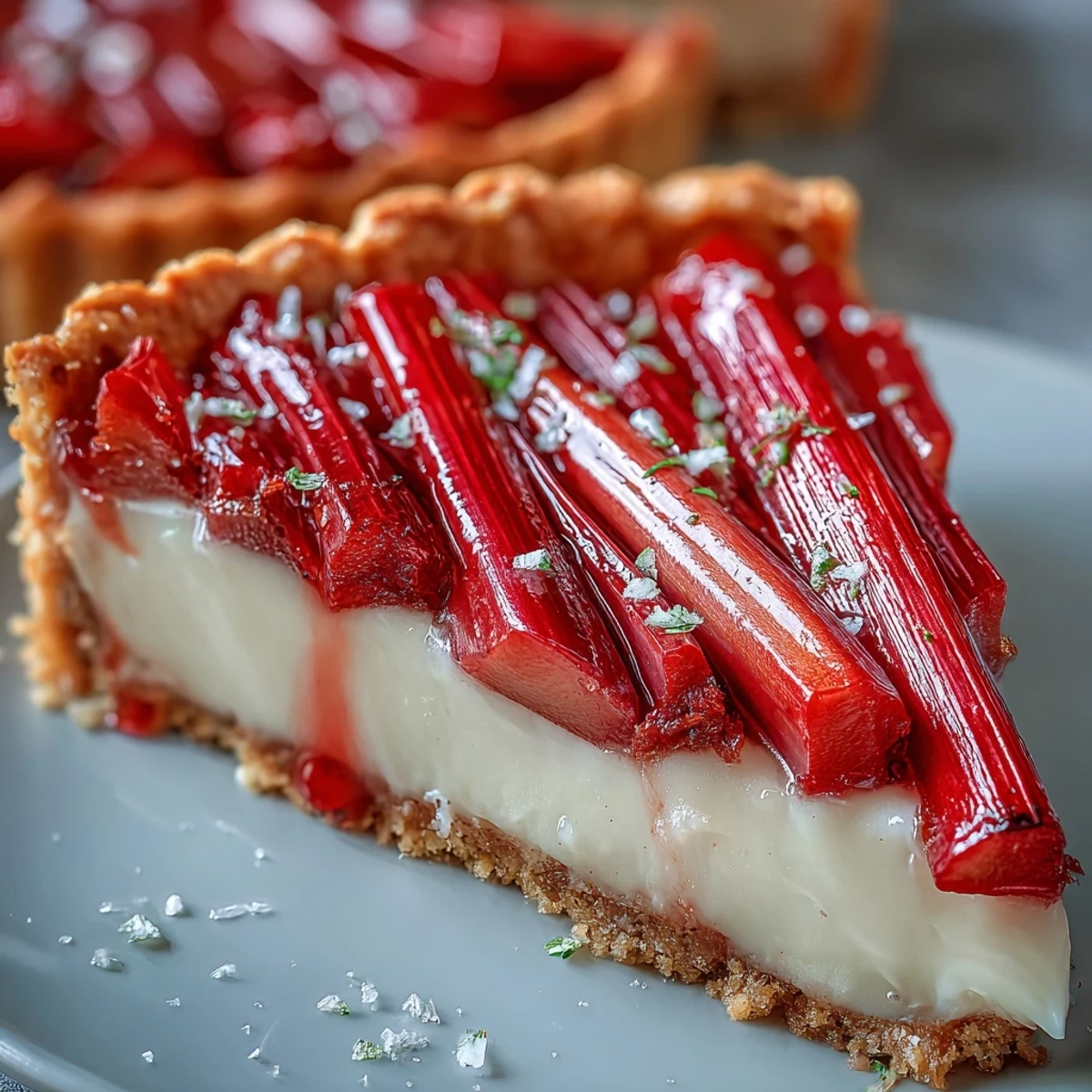 Freshly assembled Rhubarb, White Chocolate, and Elderflower Tart garnished with pistachios, served on a marble platter.