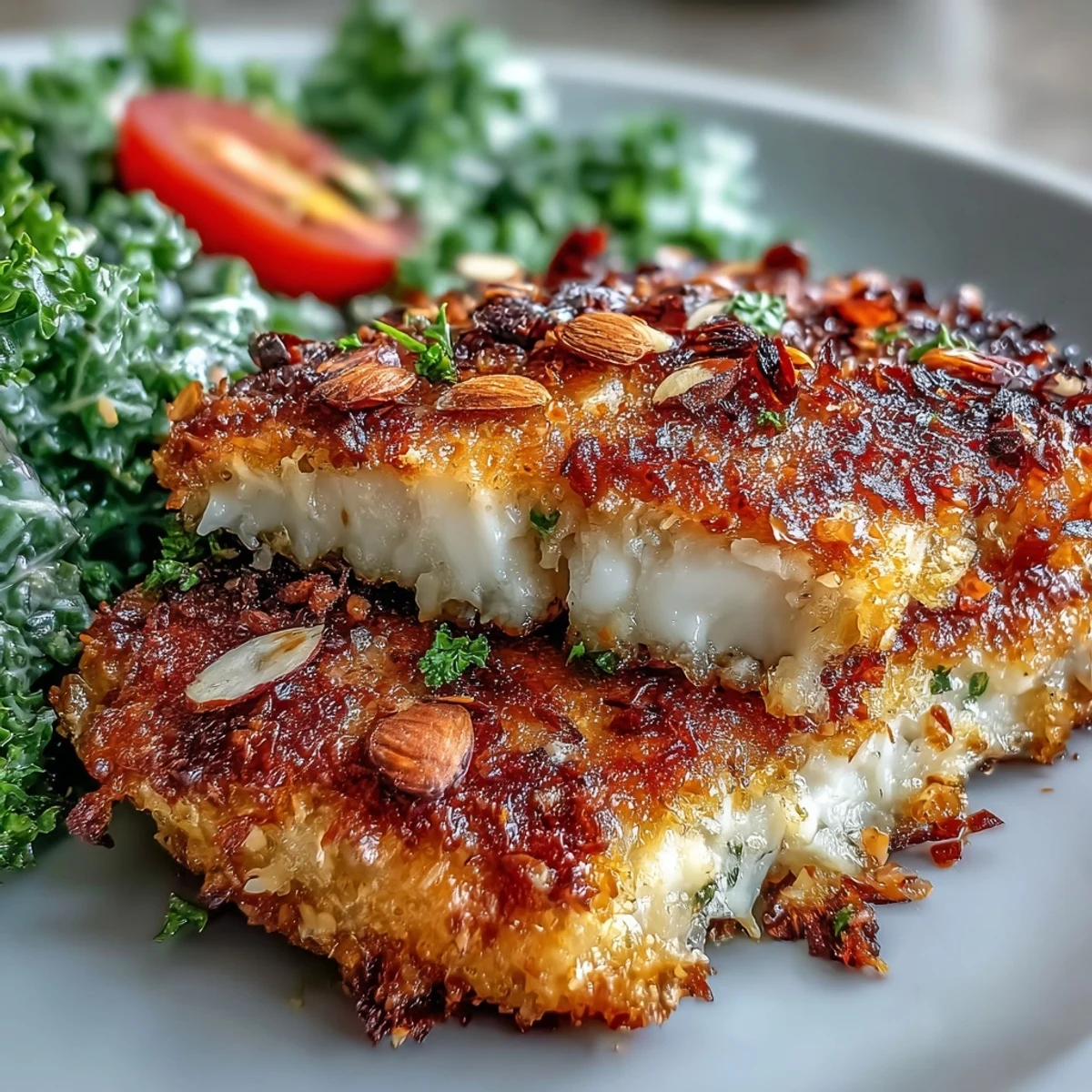 Juicy baked almond-crusted chicken with a crunchy coating, served alongside a fresh kale and sumac salad for a wholesome meal.