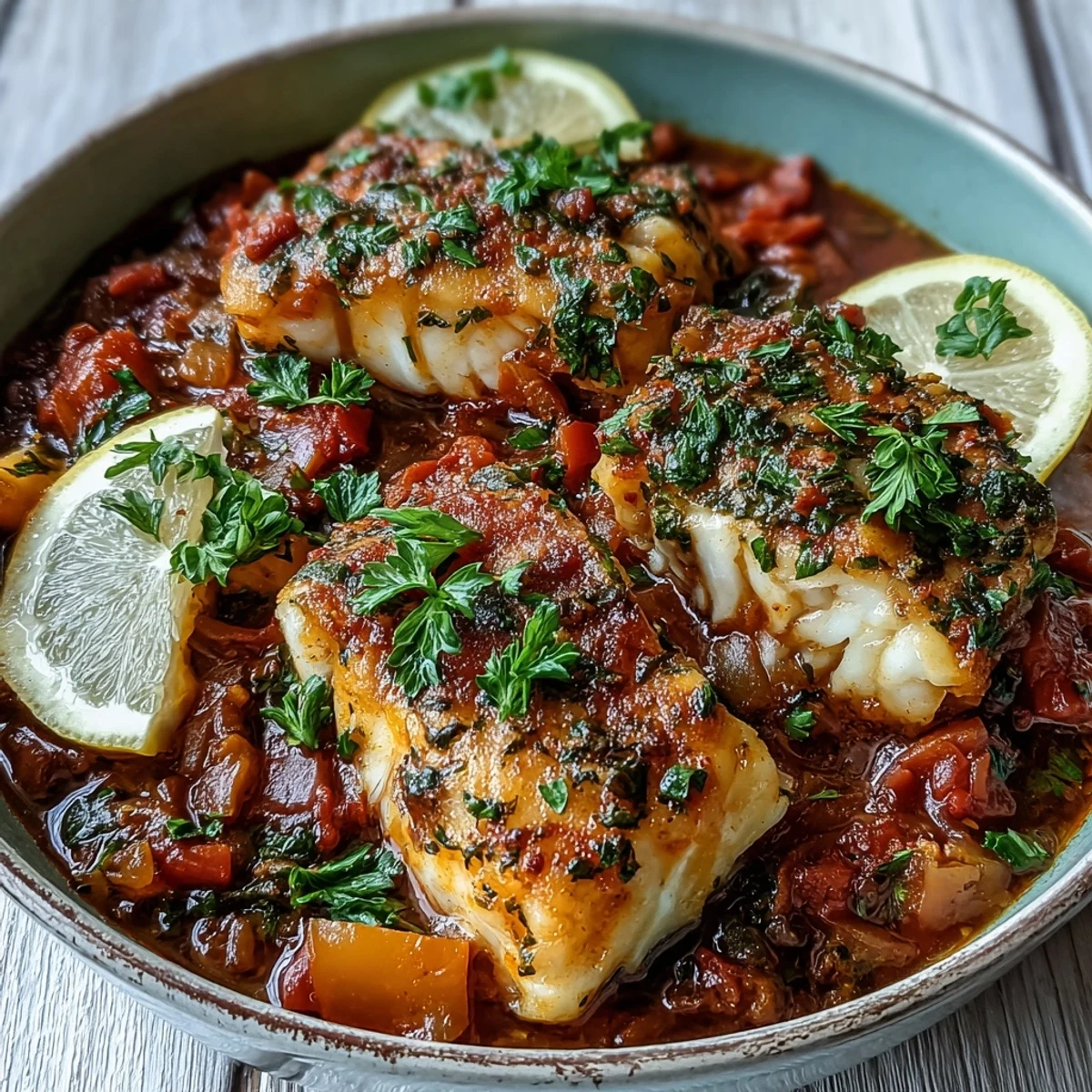 Fragrant Spiced Cod One Pot with tender flaky fish, colorful bell peppers, and fresh spinach in a rich tomato broth.