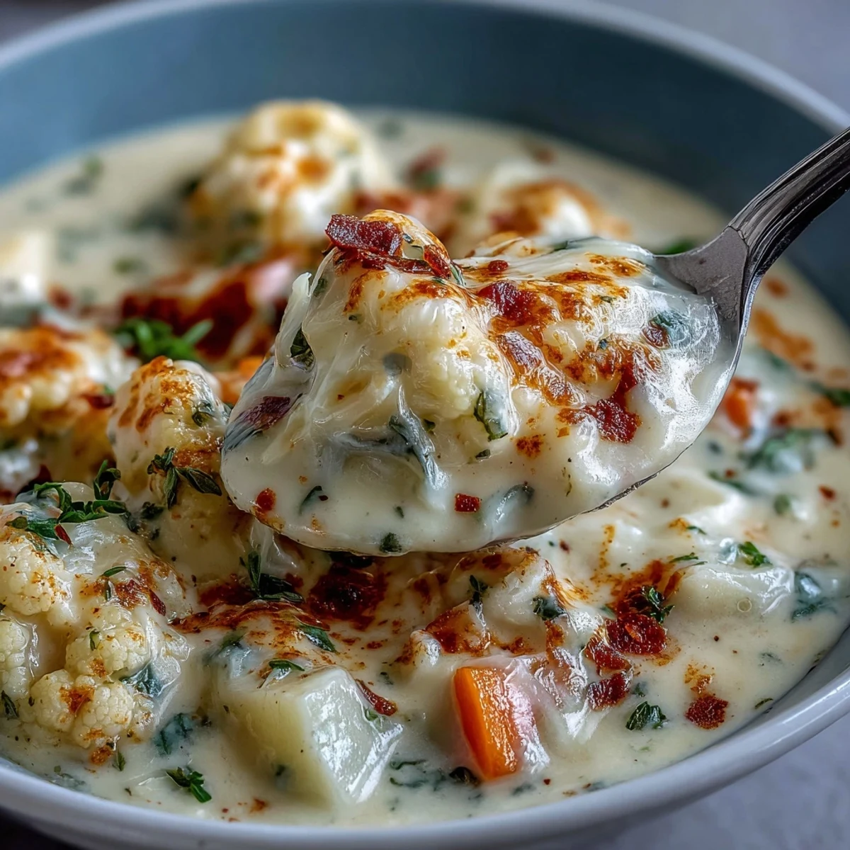 Creamy Vegetarian Cauliflower Chowder with melted cheddar, topped with fresh parsley in a rustic bowl.