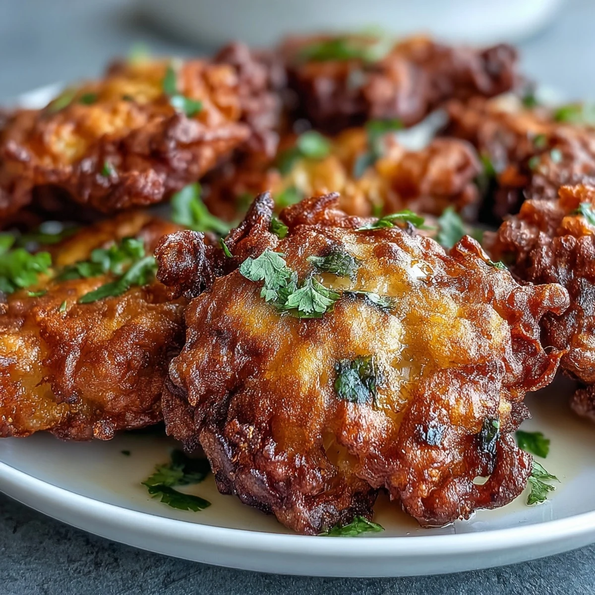 Freshly fried Cauliflower Bhajis feature a crispy chickpea flour batter and a cooling mint yogurt dip.