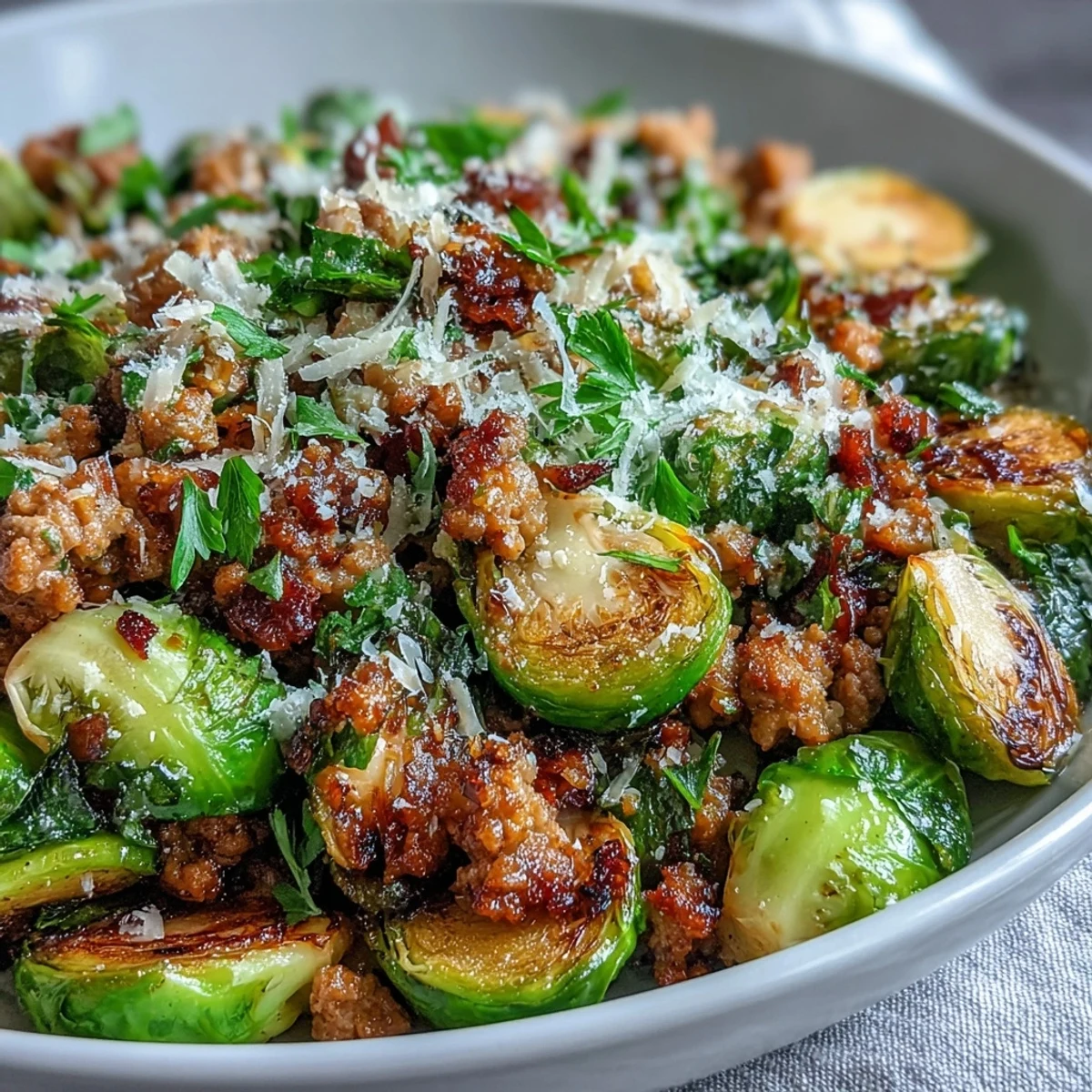Golden brown Brussels sprouts and savory ground turkey sizzle together with aromatics in a hot skillet, topped with fresh parsley.