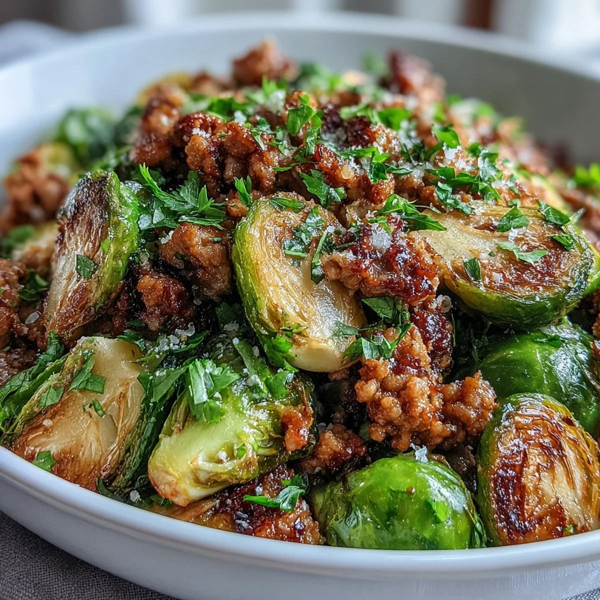 Brussels sprouts & ground turkey skillet served warm with a sprinkle of Parmesan and a lemon wedge, ideal for an easy dinner.
