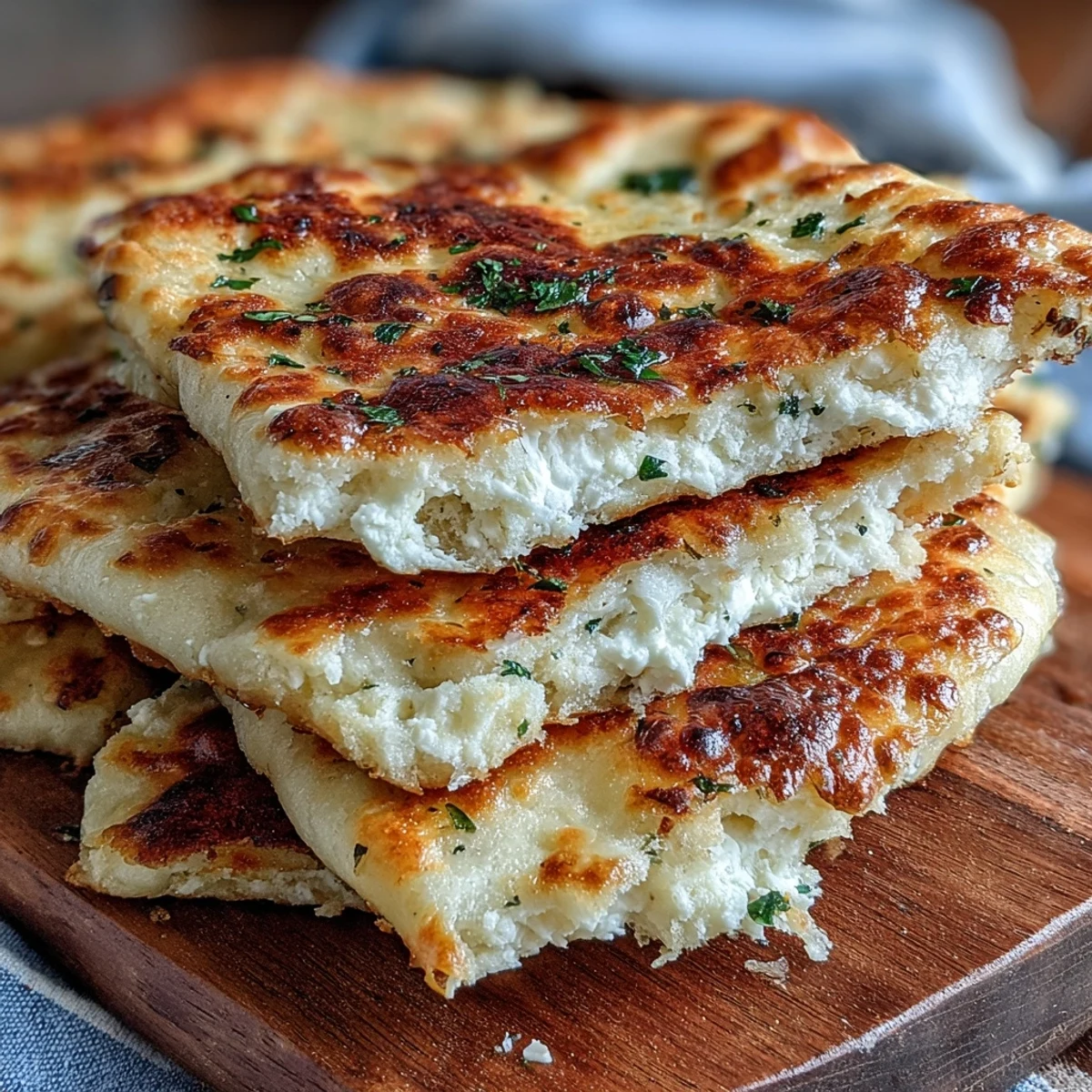 Stack of warm Fluffy Cottage Cheese Flatbreads ready for dipping into creamy hummus.