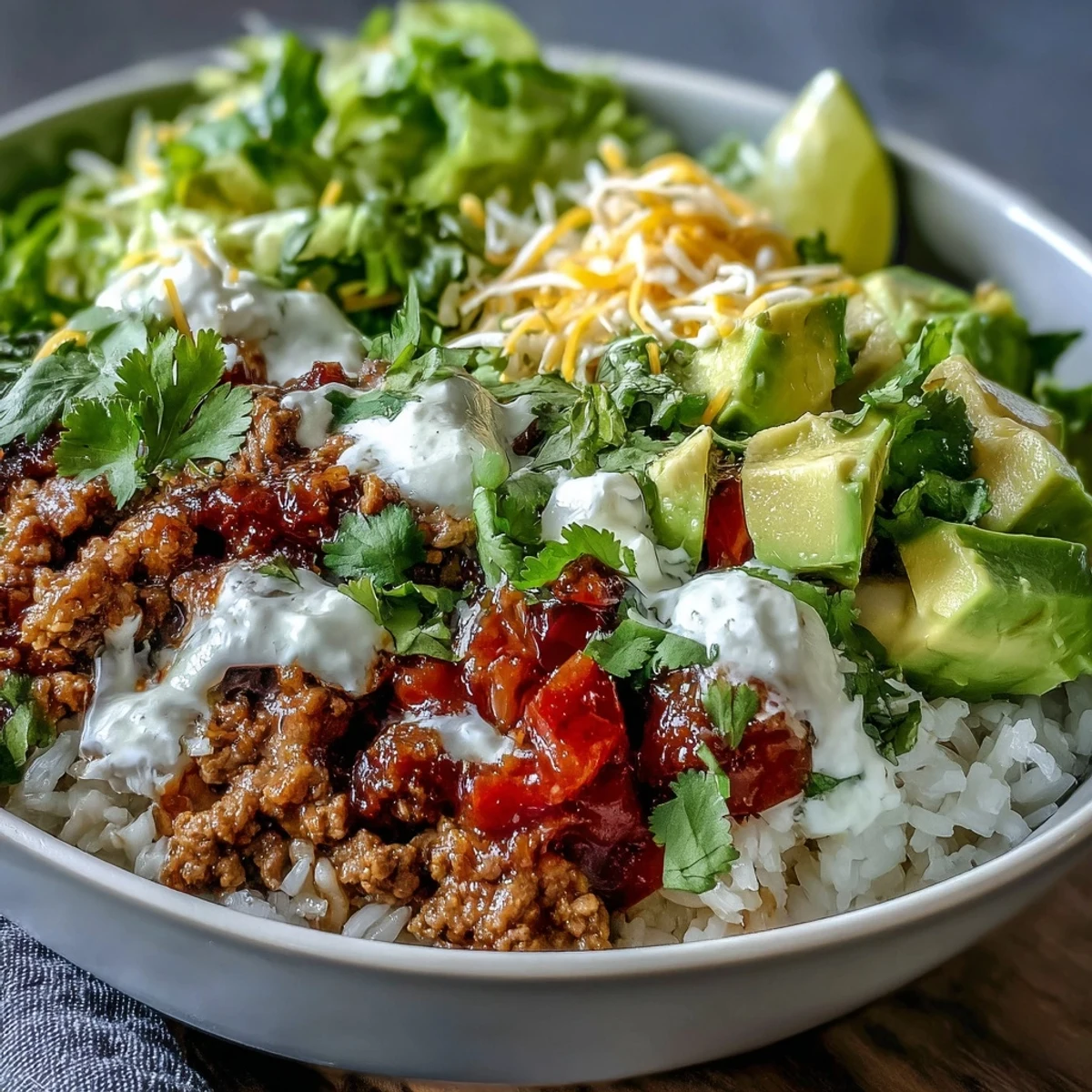 Freshly seasoned ground turkey simmered with peppers and onions in a skillet for a Turkey Taco Bowl.