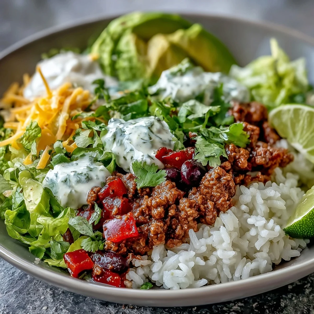 Quickly prepared Turkey Taco Bowl topped with crisp lettuce, sour cream, and salsa, perfect for a family dinner.