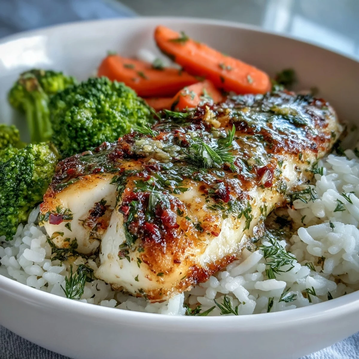 Golden herb-crusted tilapia fillet resting on fluffy rice, with bright green broccoli and orange carrots for a wholesome dinner.