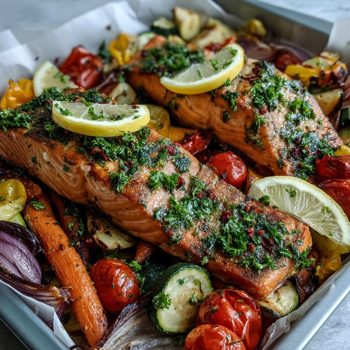 Golden-brown roasted salmon fillets and colorful vegetables, including carrots and bell peppers, sizzle on a parchment-lined sheet pan for a healthy one-pan dinner.
