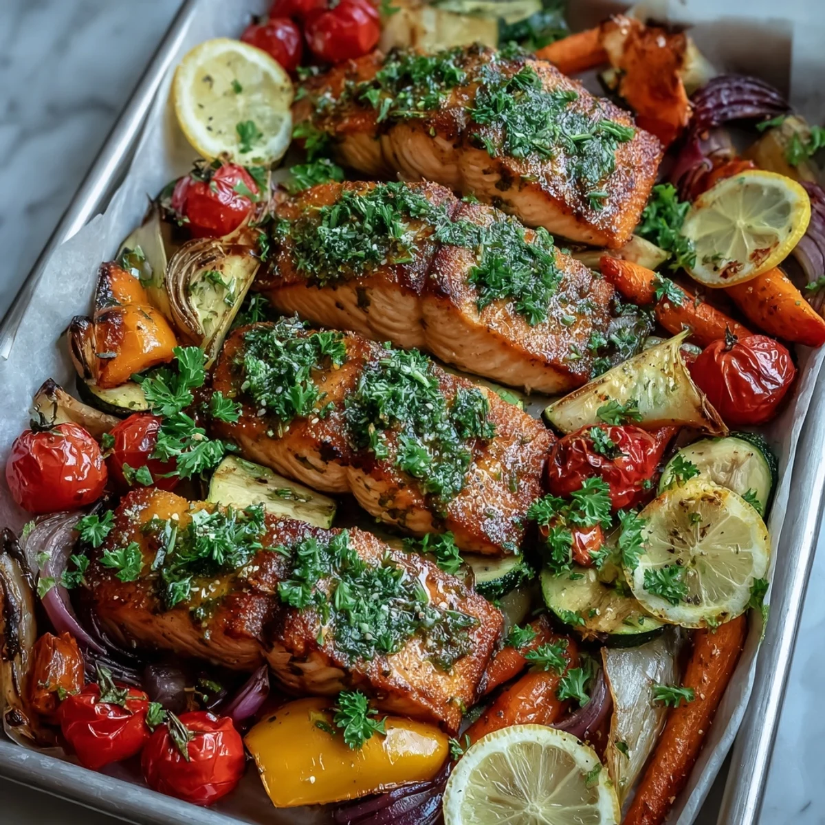 Overhead view of the Sheet Pan Salmon and Veggies Bowl featuring perfectly roasted cherry tomatoes and zucchini alongside seasoned salmon on a rustic wooden table.
