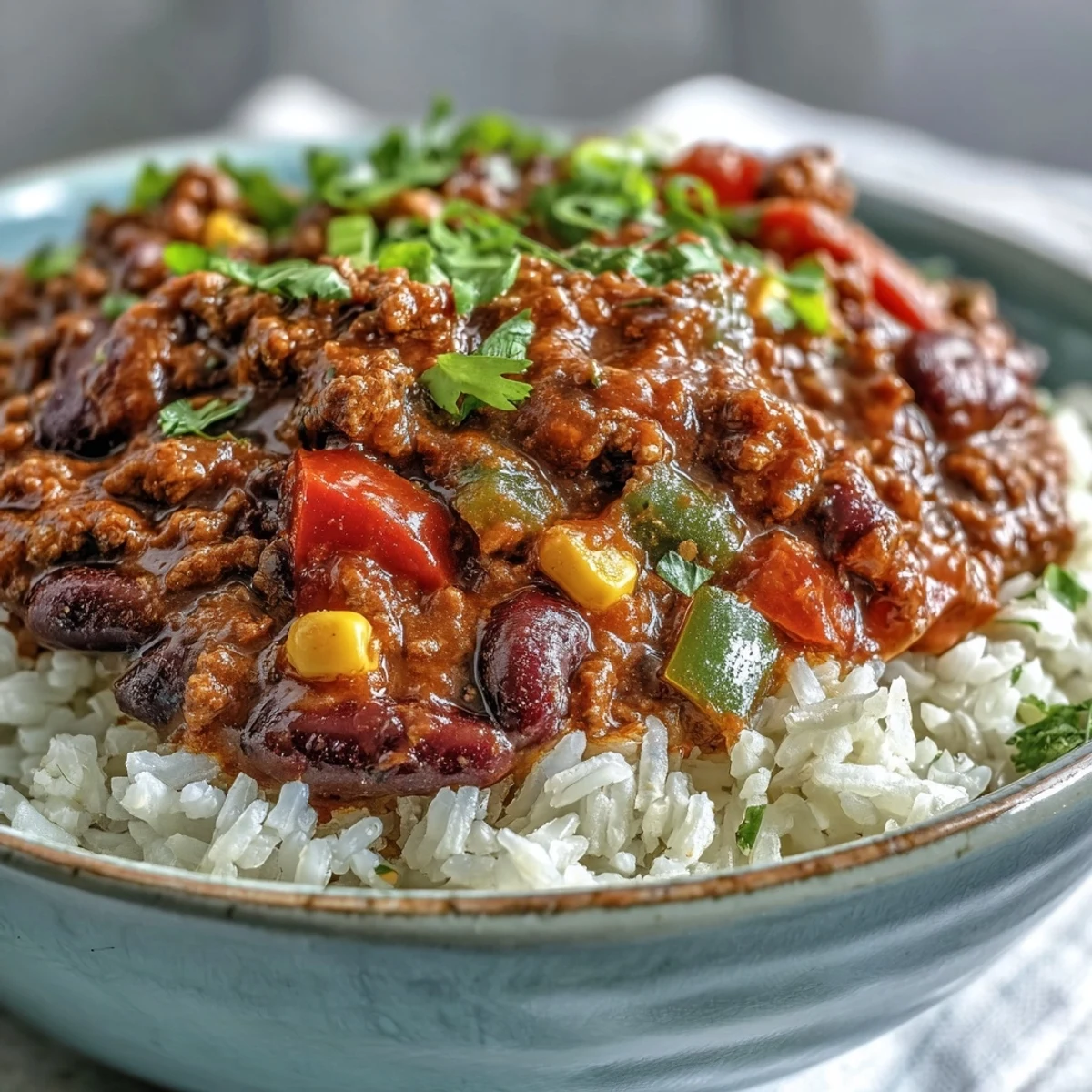 Hot, savory chili bowl base served over fluffy white rice, topped with melted cheddar and sliced jalapeños.