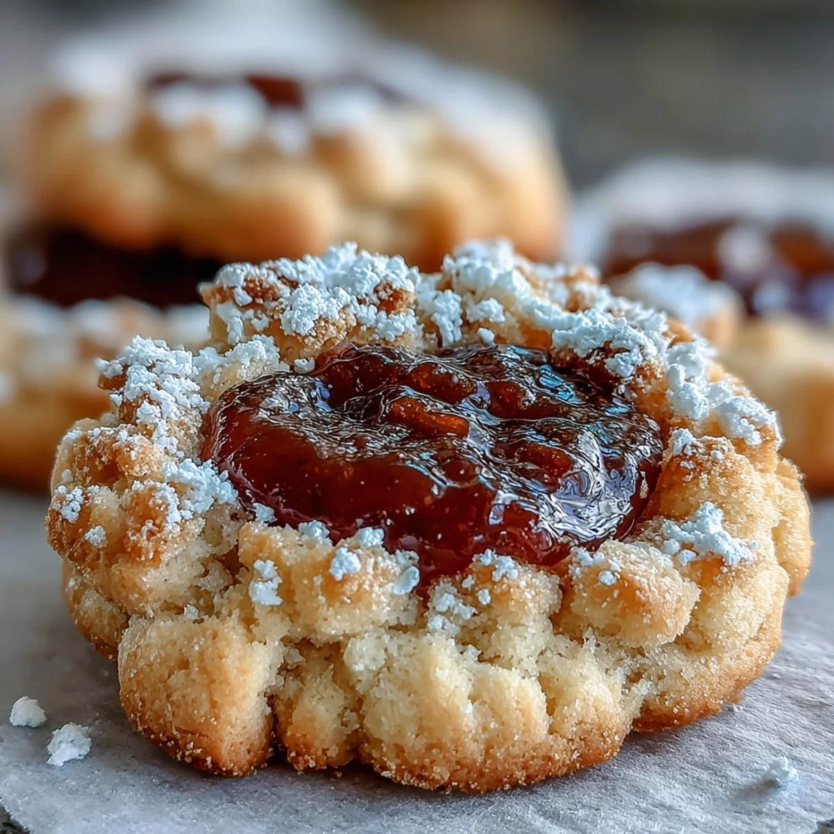 Buttery Torticas de Guayaba cookies topped with vibrant guava jam on a rustic wooden table.