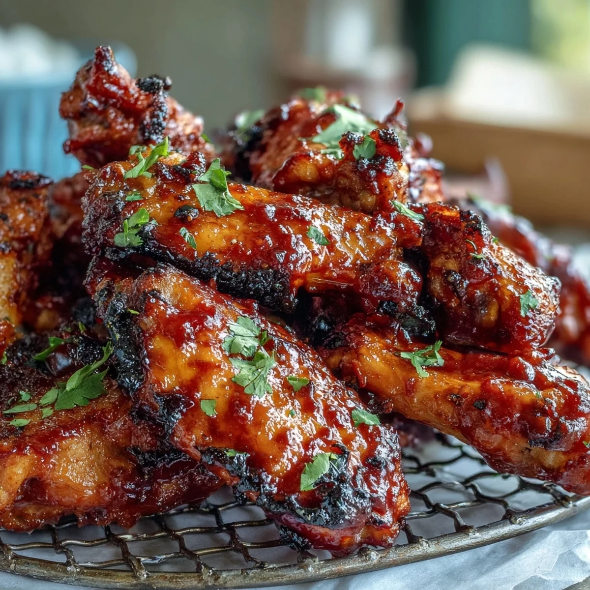 Golden-brown Guava BBQ Glazed Chicken Wings are arranged on a wire rack, glistening with a sticky, reddish-pink glaze.
