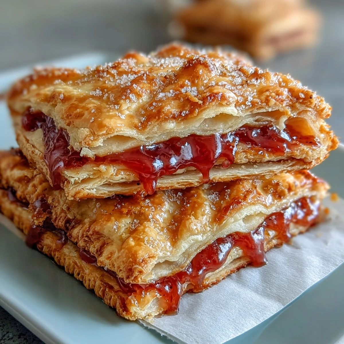 Freshly baked Guava Cheese Pop Tarts with a crimped edge and cracked glaze are ready to eat on a rustic wooden board with fresh guava.