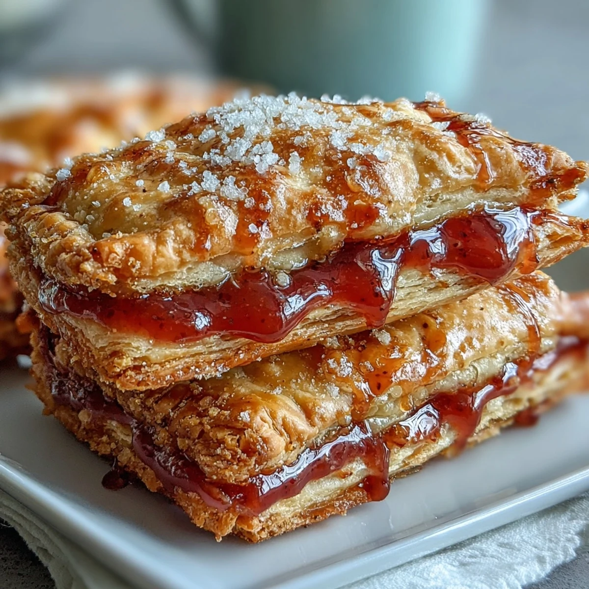 A halved Guava Cheese Pop Tart reveals a creamy cheese and vibrant guava filling, served on a white plate for a sweet breakfast treat.