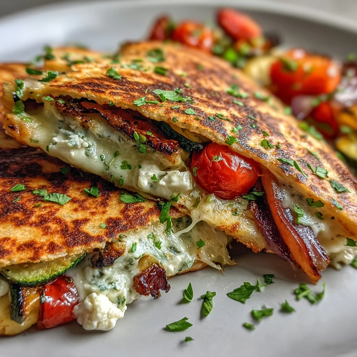 Grilled Mediterranean Veggie Quesadillas on a wooden board, golden whole wheat tortillas stuffed with charred zucchini and melty mozzarella.