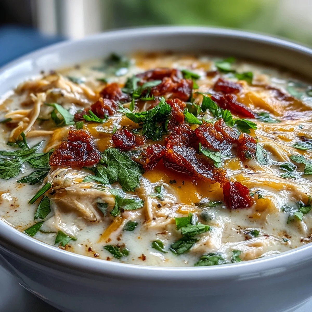 Hearty Spicy Jalapeño Popper Chicken Soup topped with crumbled bacon and fresh cilantro, served with tortilla chips.