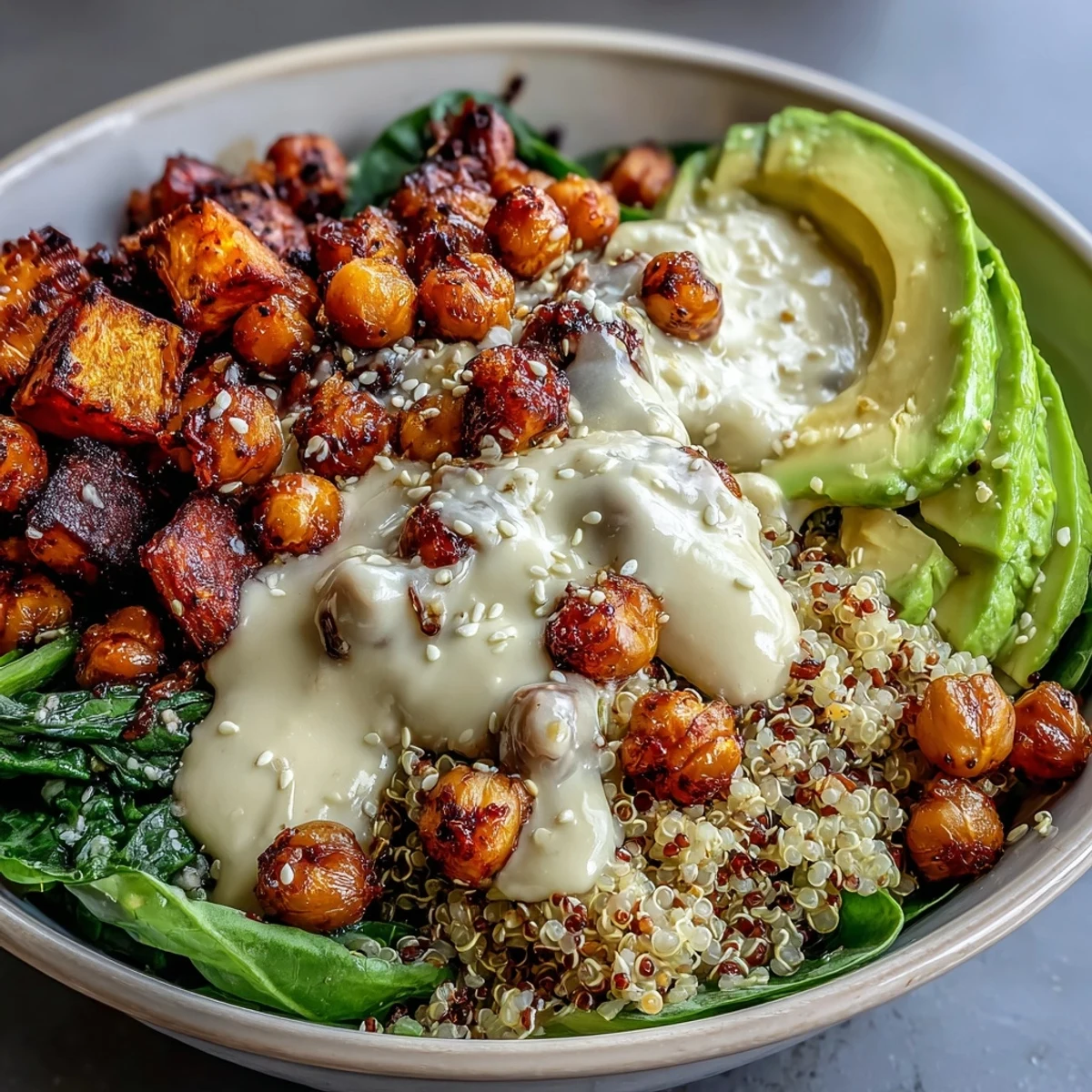 Close-up of the Anti-Inflammatory Glow Bowl topped with creamy tahini yogurt, crispy turmeric chickpeas, and sliced avocado over fluffy quinoa.