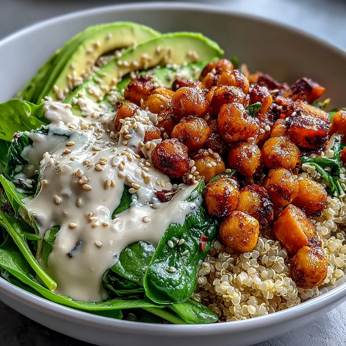 Colorful Anti-Inflammatory Glow Bowl with roasted sweet potatoes, fresh spinach, and a drizzle of tahini yogurt sauce ready for a healthy lunch.