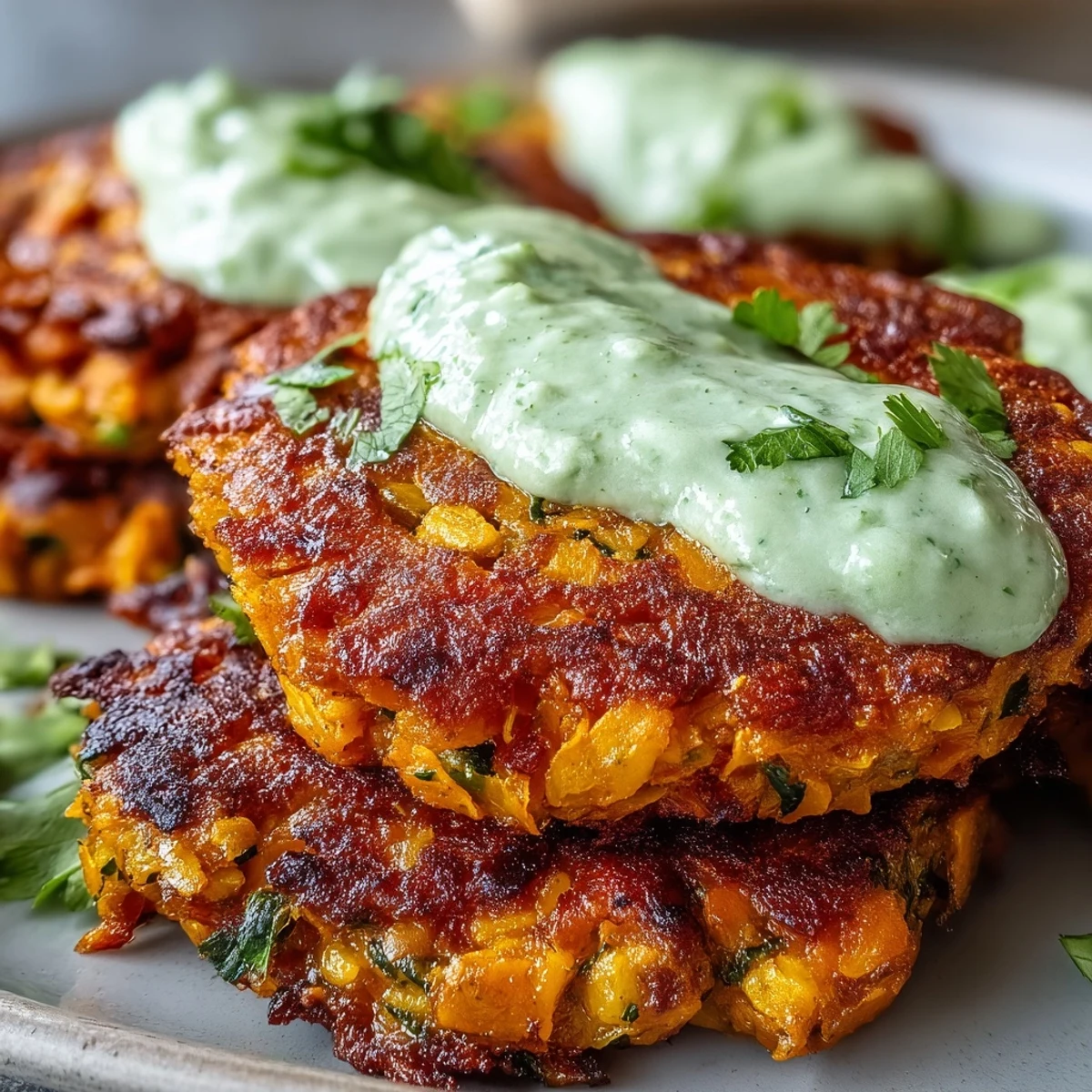 Crispy Sweet Potato & Red Lentil Patties served with creamy avocado cilantro sauce and lime wedges.