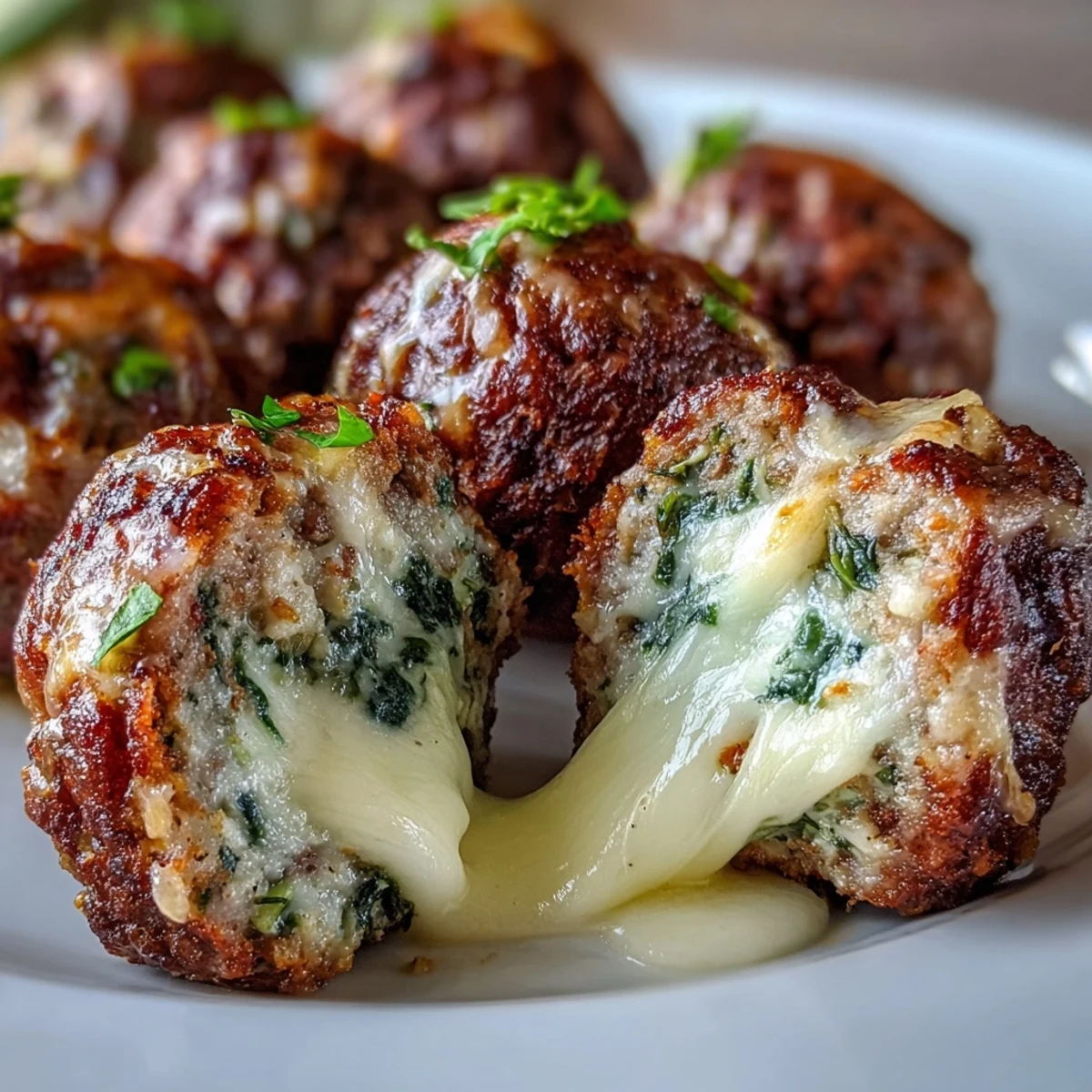 Freshly baked Spinach Garlic Meatballs with melted mozzarella centers, resting on a baking sheet beside a bowl of marinara sauce.