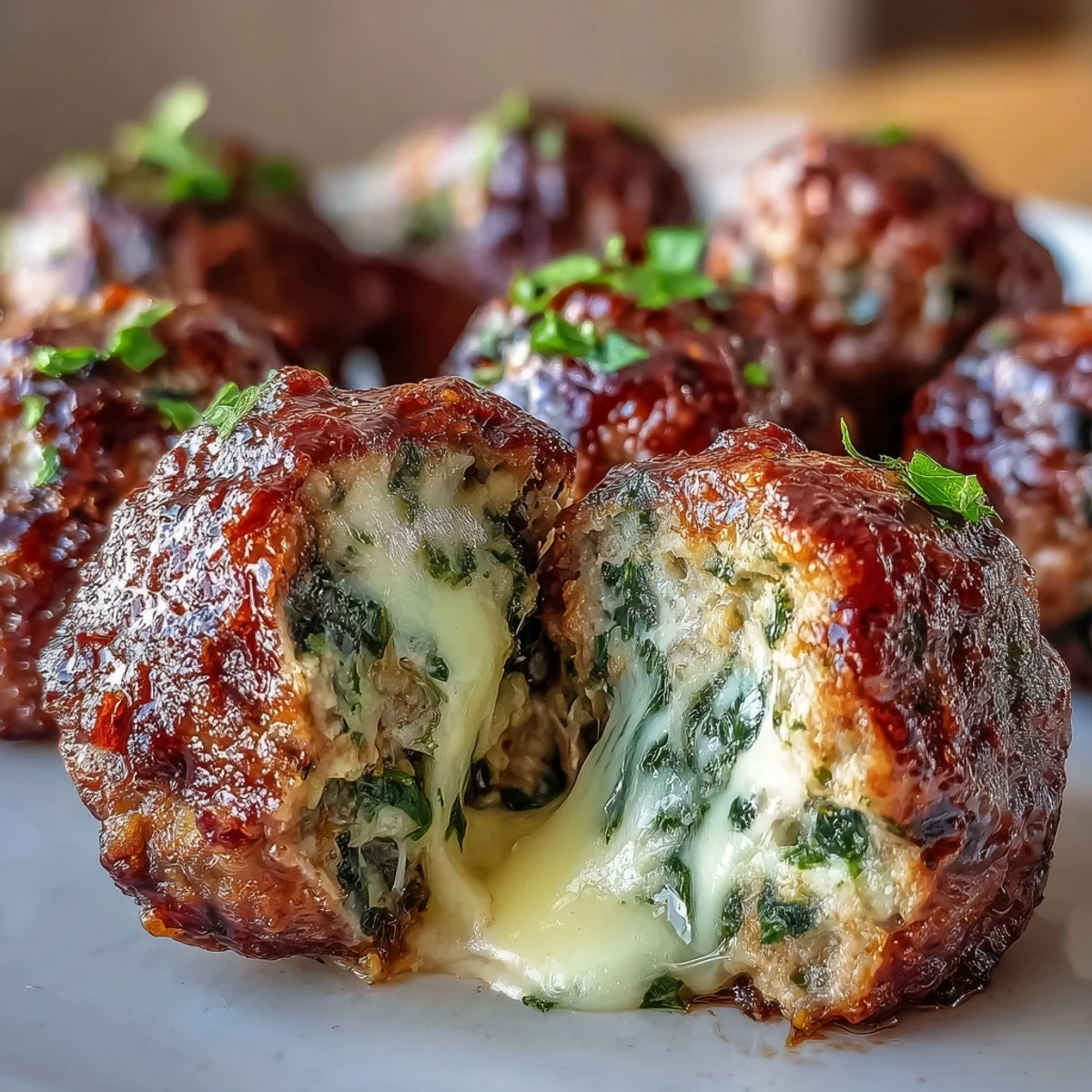 Golden-brown Spinach Garlic Meatballs simmering in rich tomato sauce, topped with fresh parsley and served over a bed of spaghetti.
