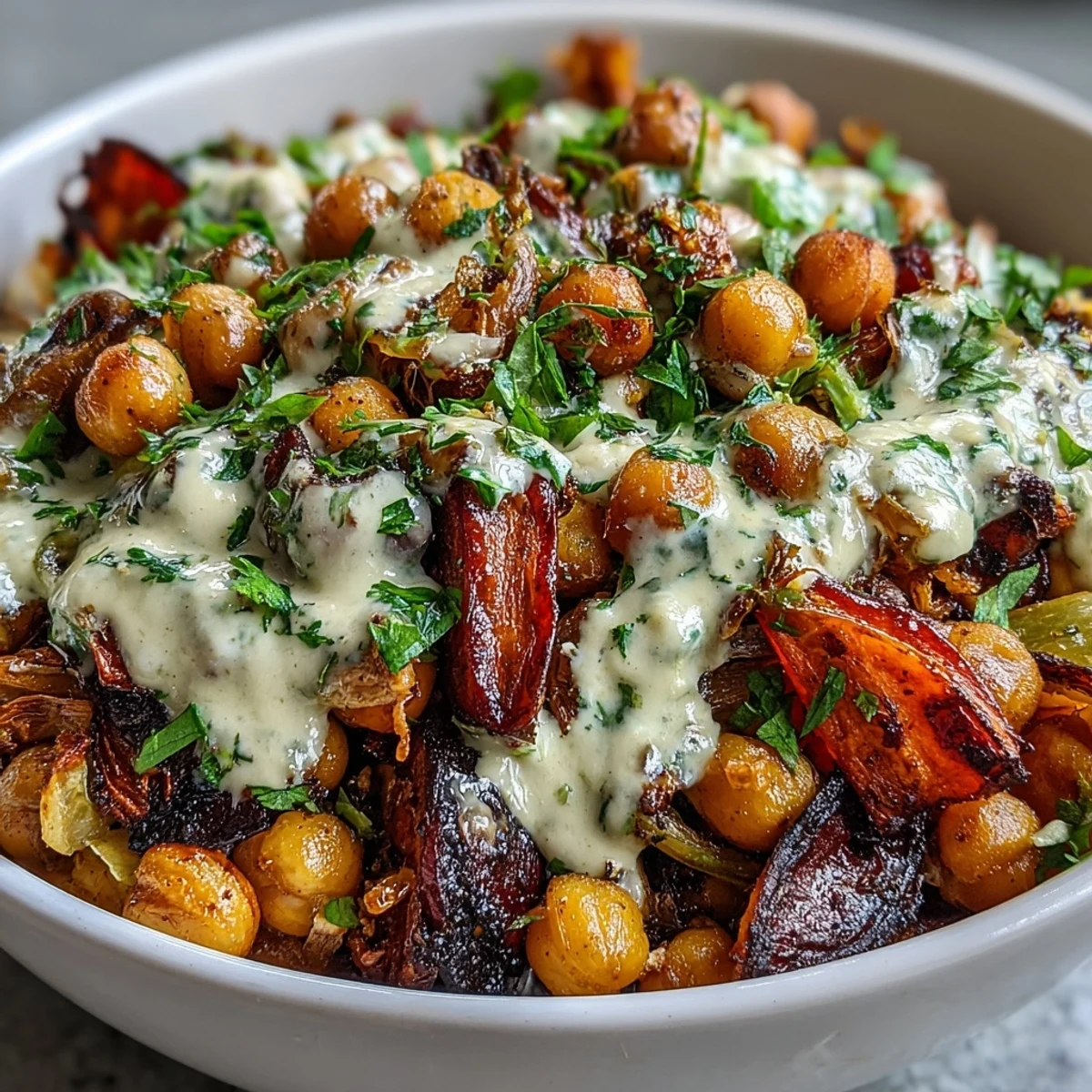 Freshly baked One-Pan Roasted Carrot and Chickpea Bowl on a rustic wooden table with vibrant colors.