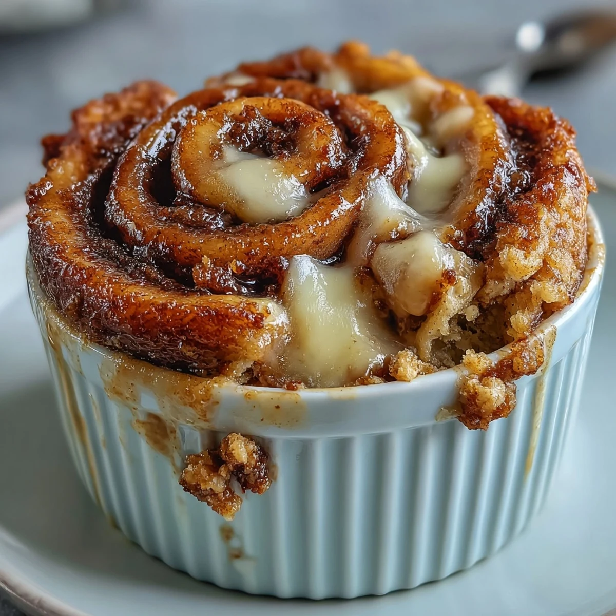 Golden Cinnamon Swirl Protein Banana Baked Oats fresh from the oven in a ramekin, topped with sliced banana and a drizzle of almond butter. 