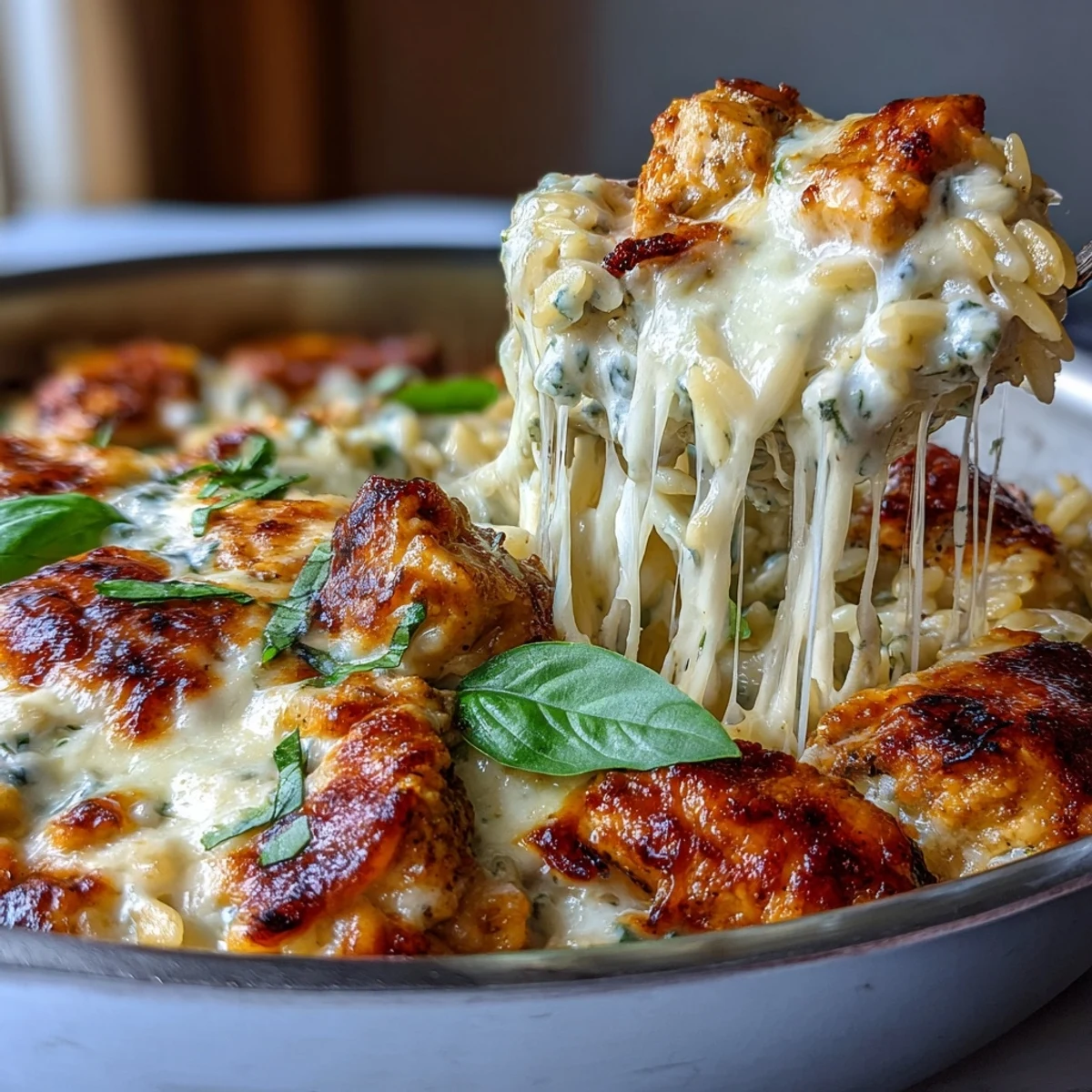 One-Pan Creamy Chicken Lasagna Orzo steaming in a cast-iron skillet, ready to serve with fresh basil garnish and a side salad.
