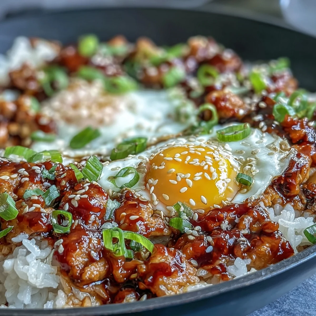 Creamy Korean Turkey Rice Skillet with a halved jammy egg, green onions, and sesame seeds on a rustic table.