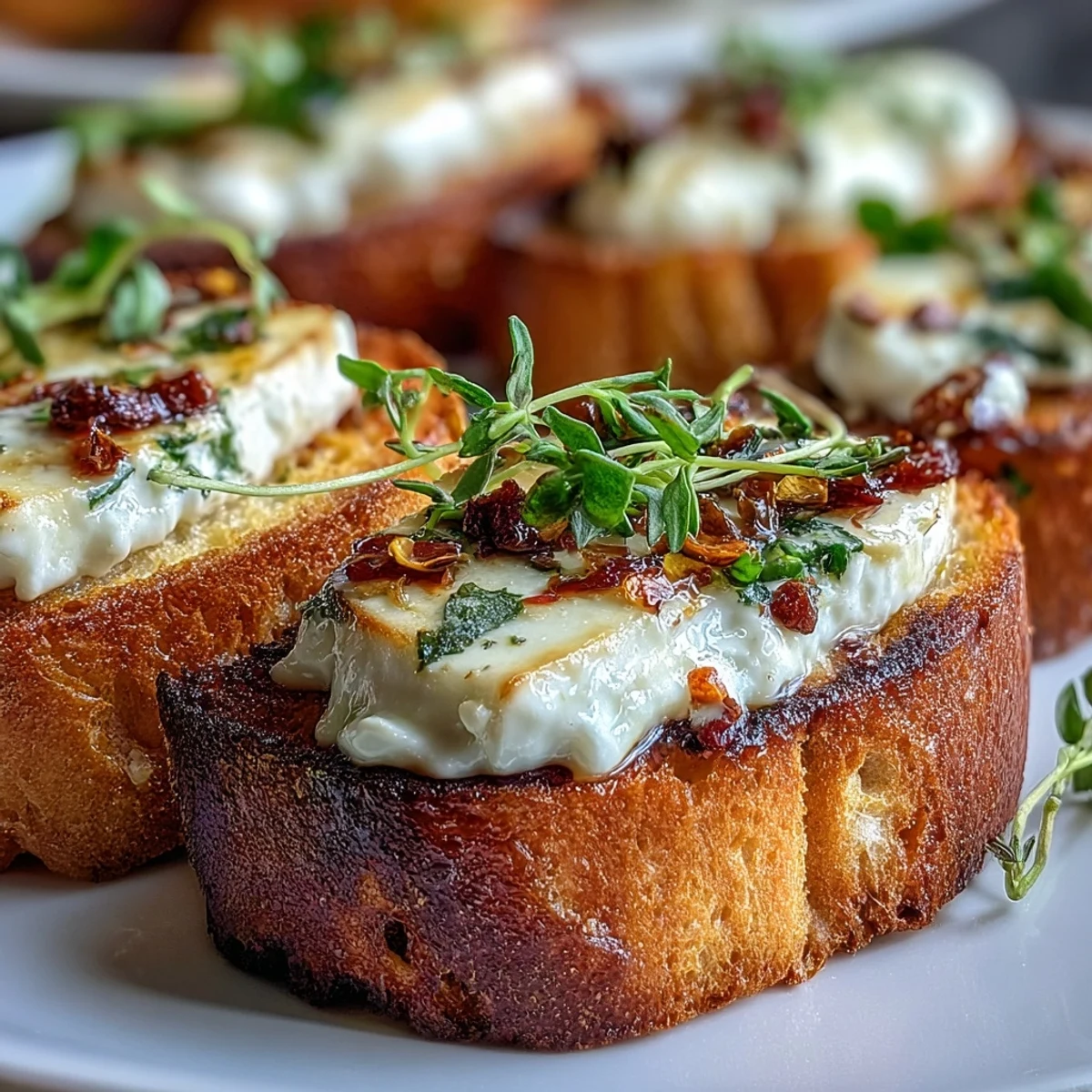 Crisp homemade crostini pieces are spread with a tangy cheese blend and finished with vibrant fresh thyme.