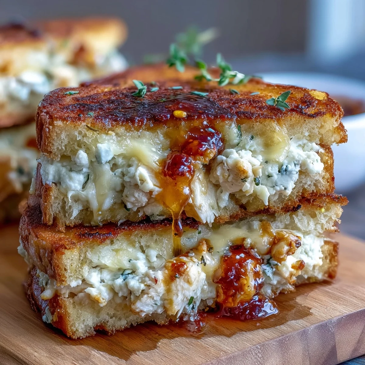 Melty goat cheese and juicy chicken fill buttery grilled sourdough, served warm with a glossy hot honey drizzle.