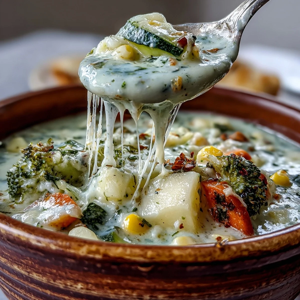 Creamy Garlic Parmesan Veggie Soup steams in a white bowl, topped with extra grated cheese and fresh parsley.