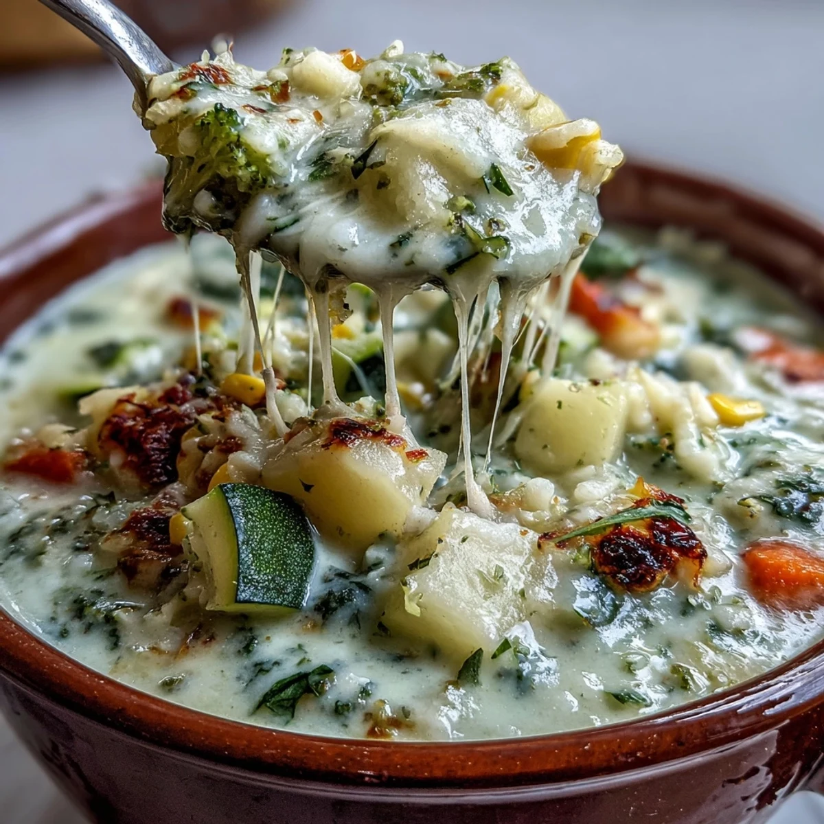 Served with crusty bread, the Creamy Garlic Parmesan Veggie Soup showcases colorful diced carrots and red bell peppers.