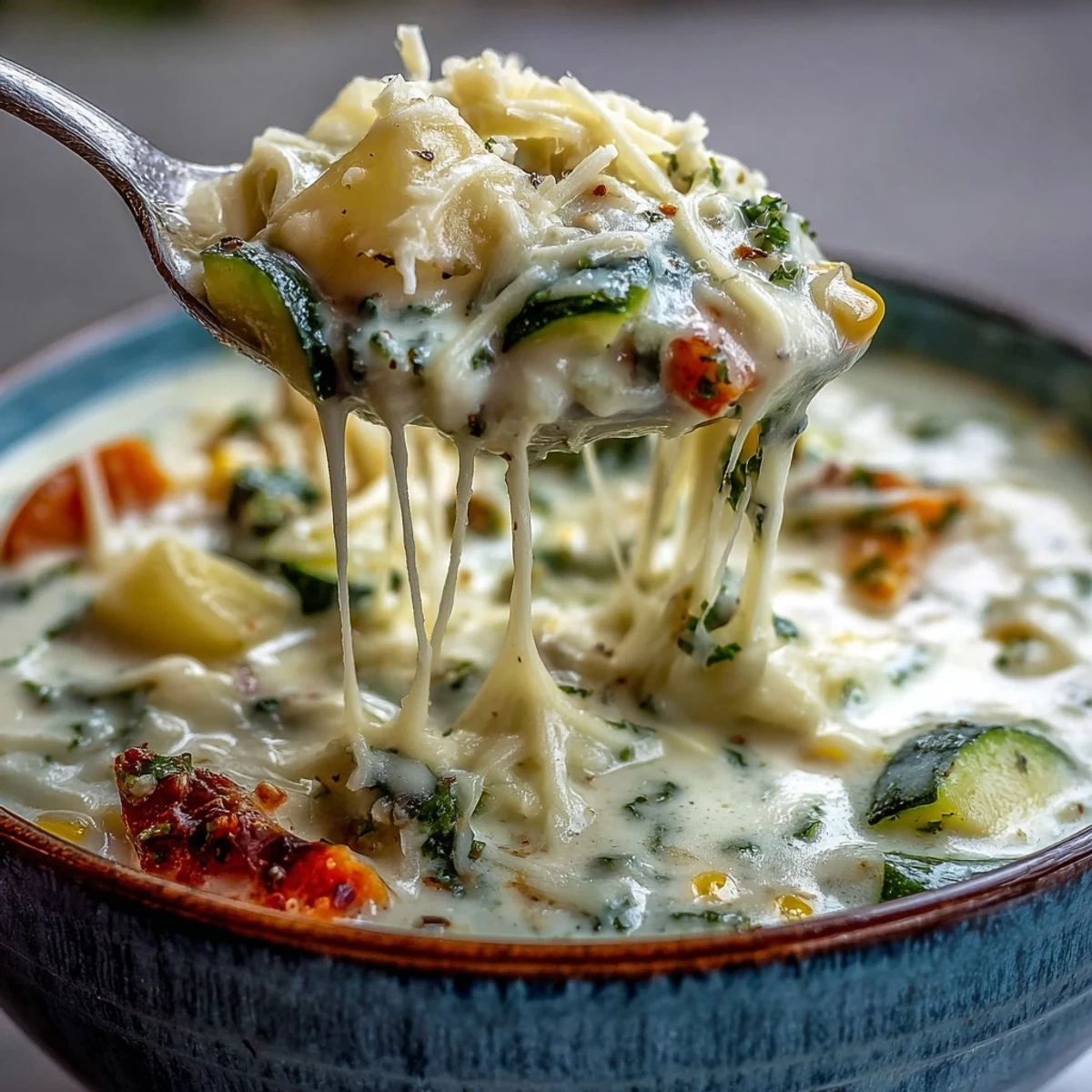 A spoon dips into the Creamy Garlic Parmesan Veggie Soup, revealing corn, broccoli, and melted mozzarella strands.