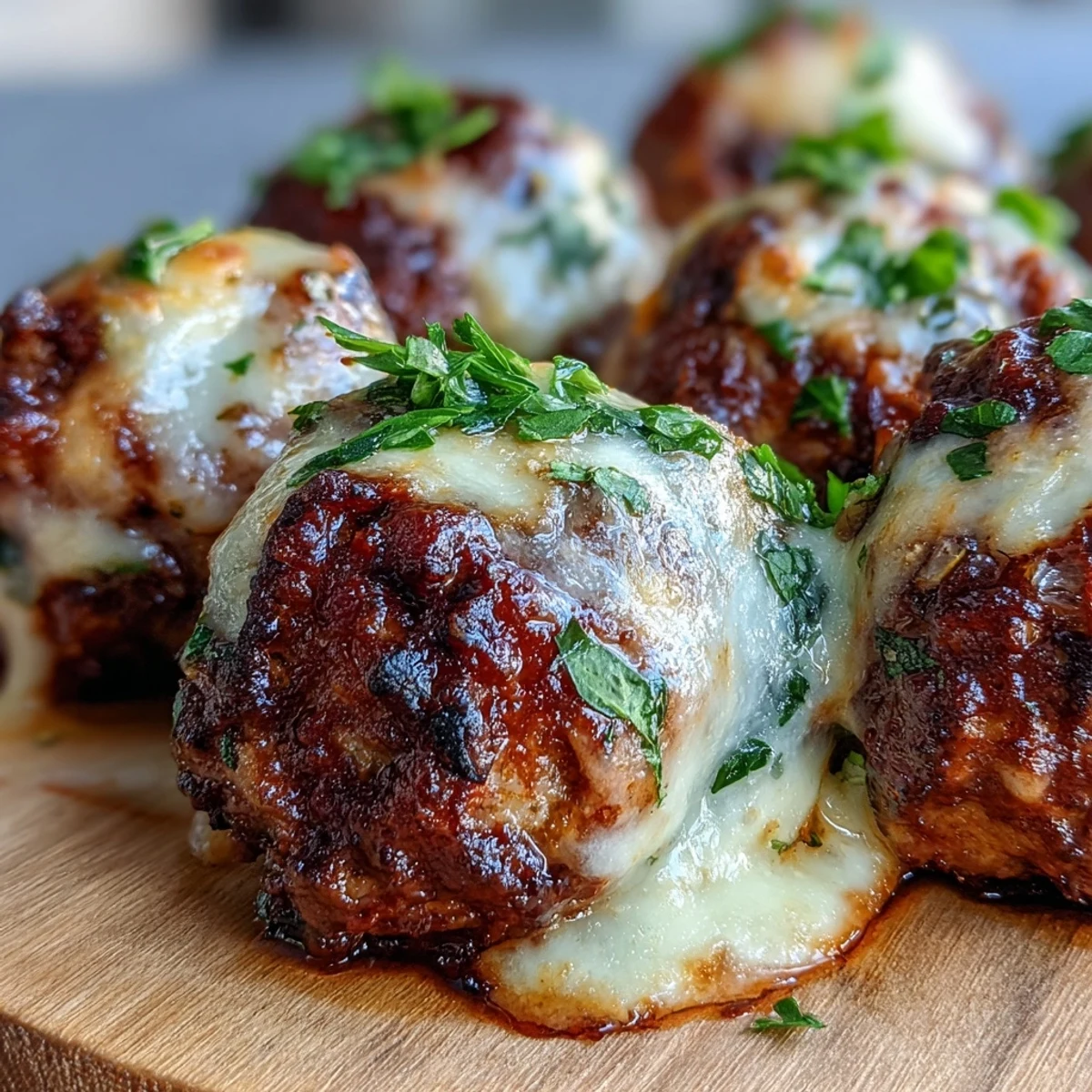 Steam rises from the golden, melted mozzarella topping on Baked Spicy Chicken Parm Meatballs served over a bed of al dente spaghetti.