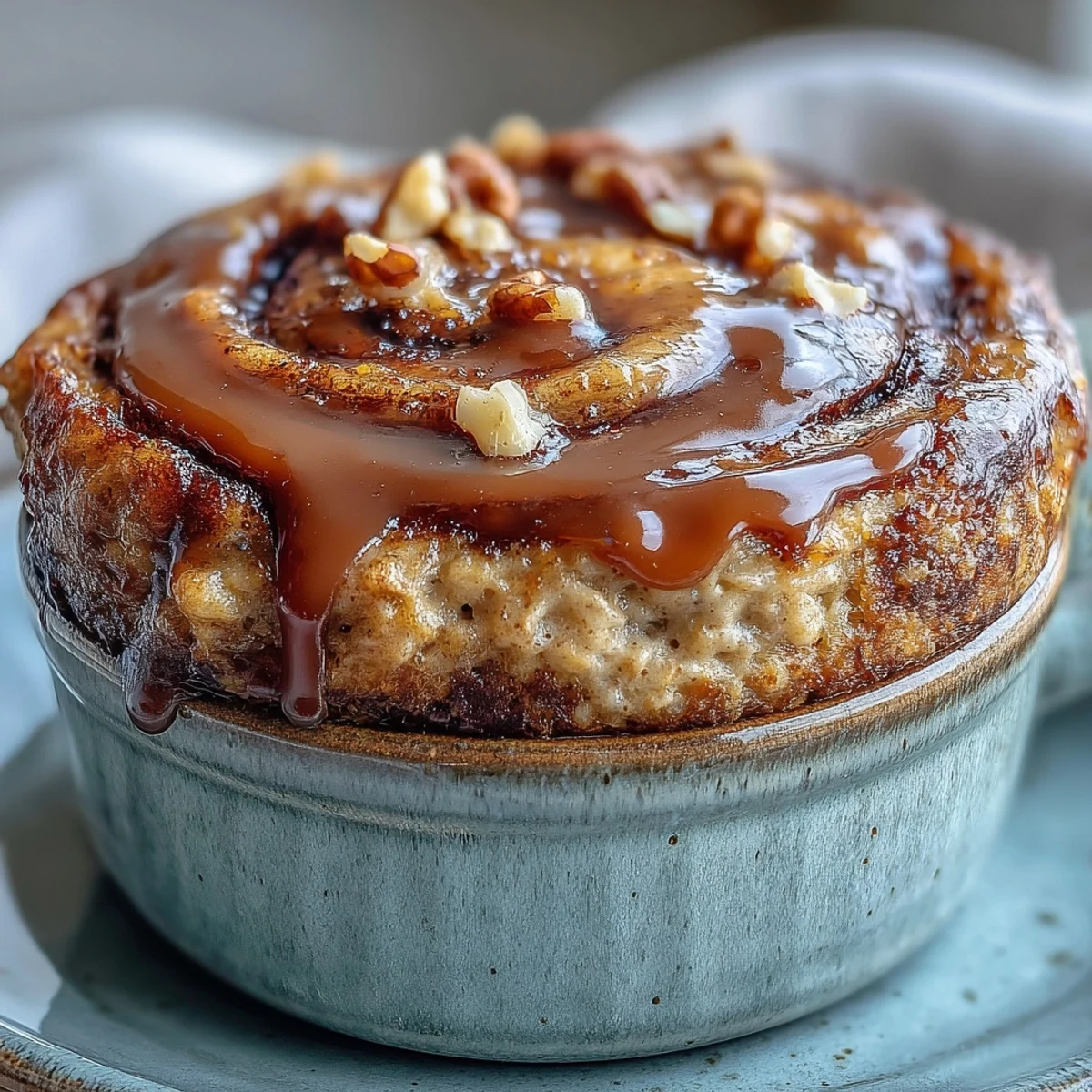 A fluffy single-serve Cinnamon Swirl Protein Banana Baked Oats, featuring a visible cinnamon ribbon and chopped walnuts for added crunch, perfect for a cozy morning meal.