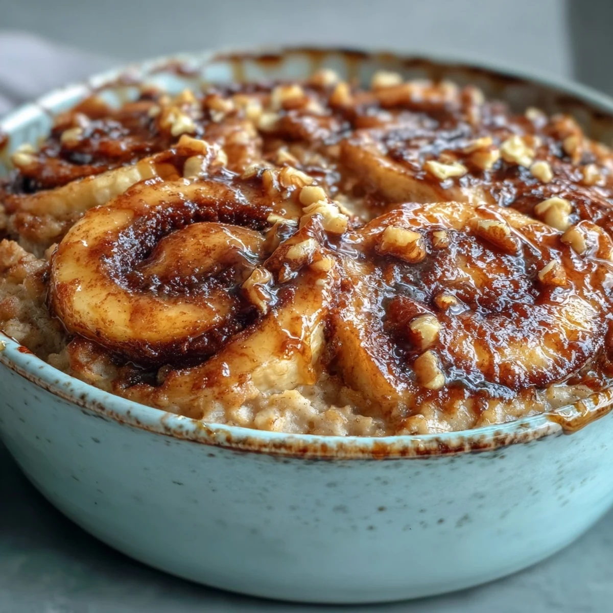 Freshly baked Cinnamon Swirl Protein Banana Baked Oats, served warm from the ramekin and topped with sliced bananas and a dollop of Greek yogurt for a protein-packed breakfast.