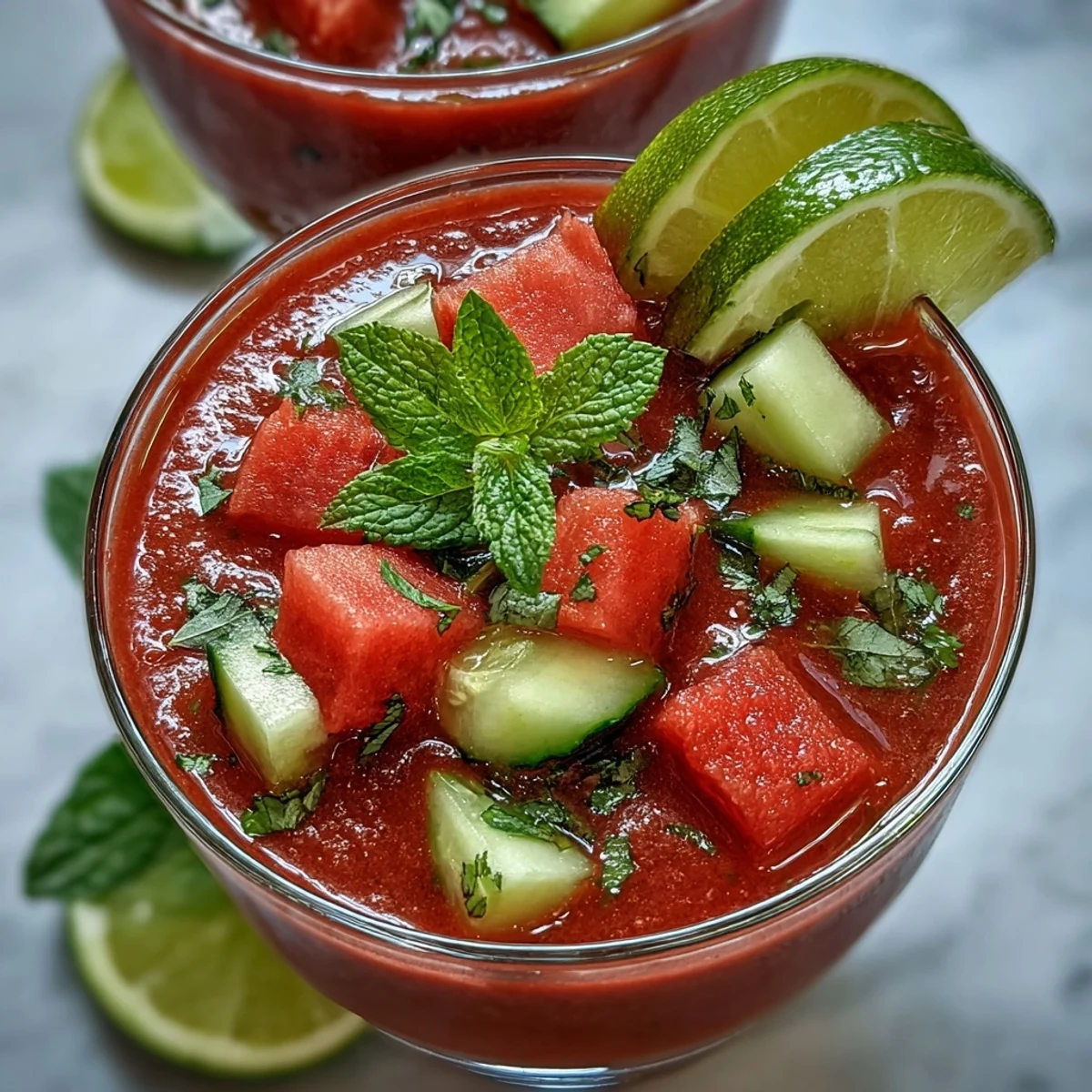A glass bowl of Vegan Watermelon Mint Gazpacho topped with watermelon cubes and olive oil drizzle.