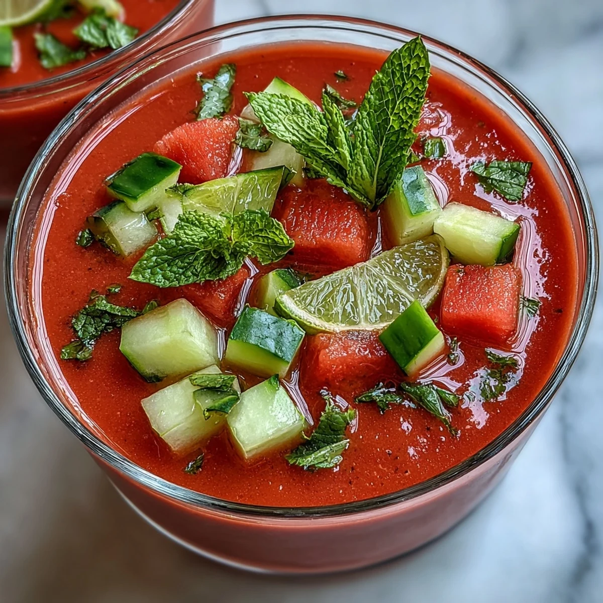 Vibrant Vegan Watermelon Mint Gazpacho served with lime wedges and a mint sprig on a rustic table.