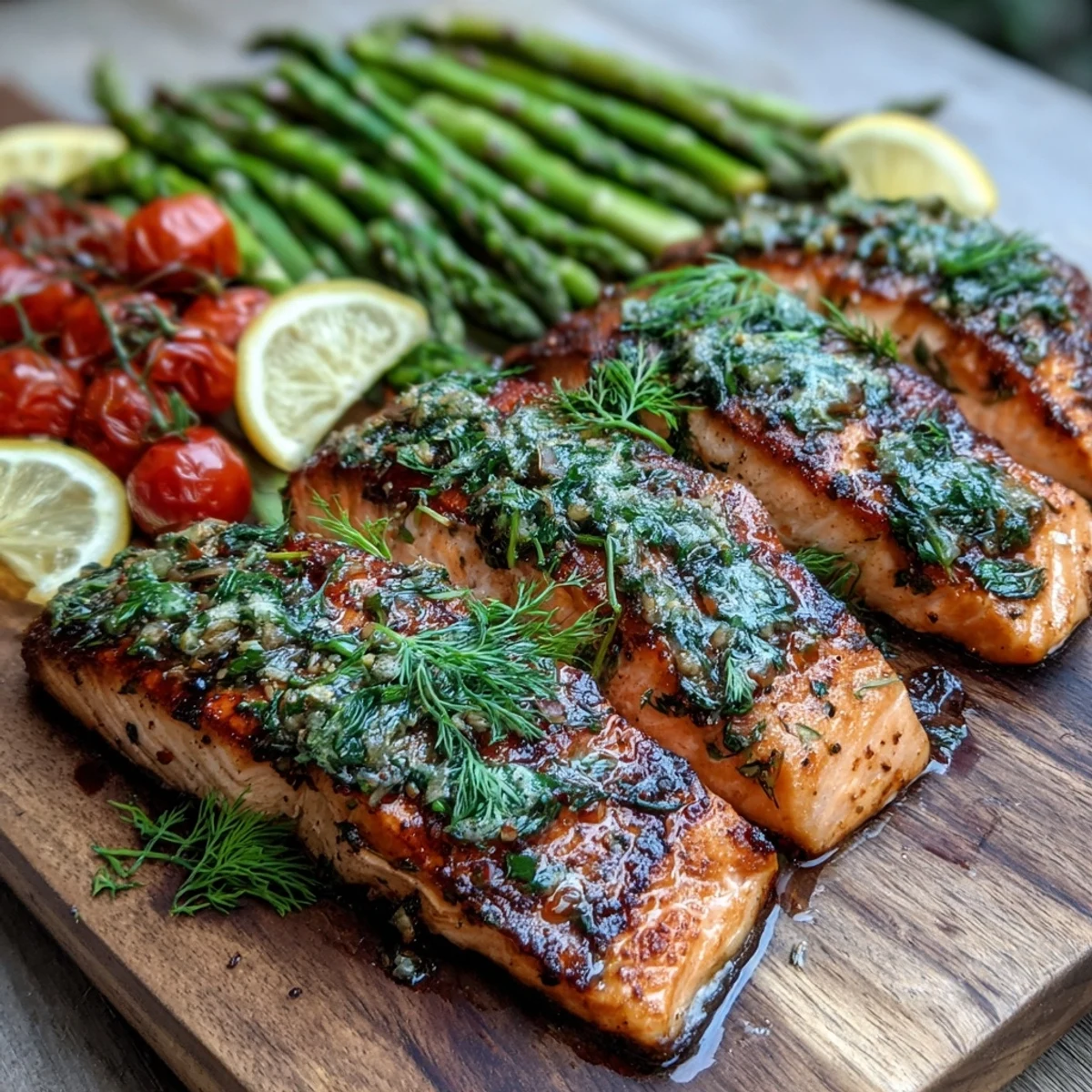 Grilled Lemon Herb Salmon fillets with asparagus and blistered cherry tomatoes on a grill grate.