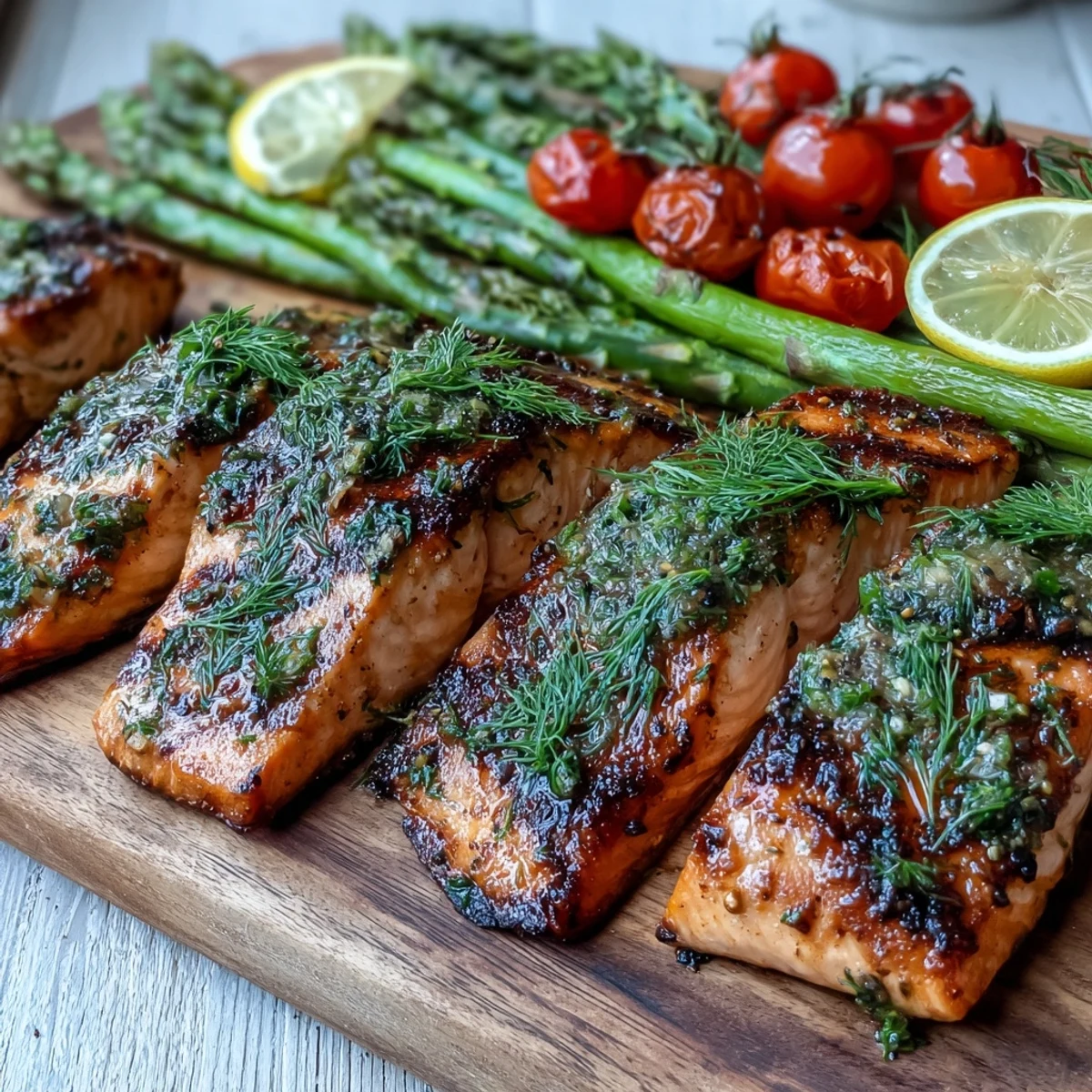Sizzling Grilled Lemon Herb Salmon with asparagus and cherry tomatoes served alongside fresh lemon wedges.